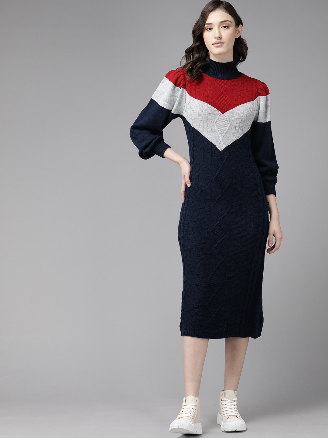

The Roadster Lifestyle Co. Navy Blue & Red Self Design Acrylic Midi Jumper Dress