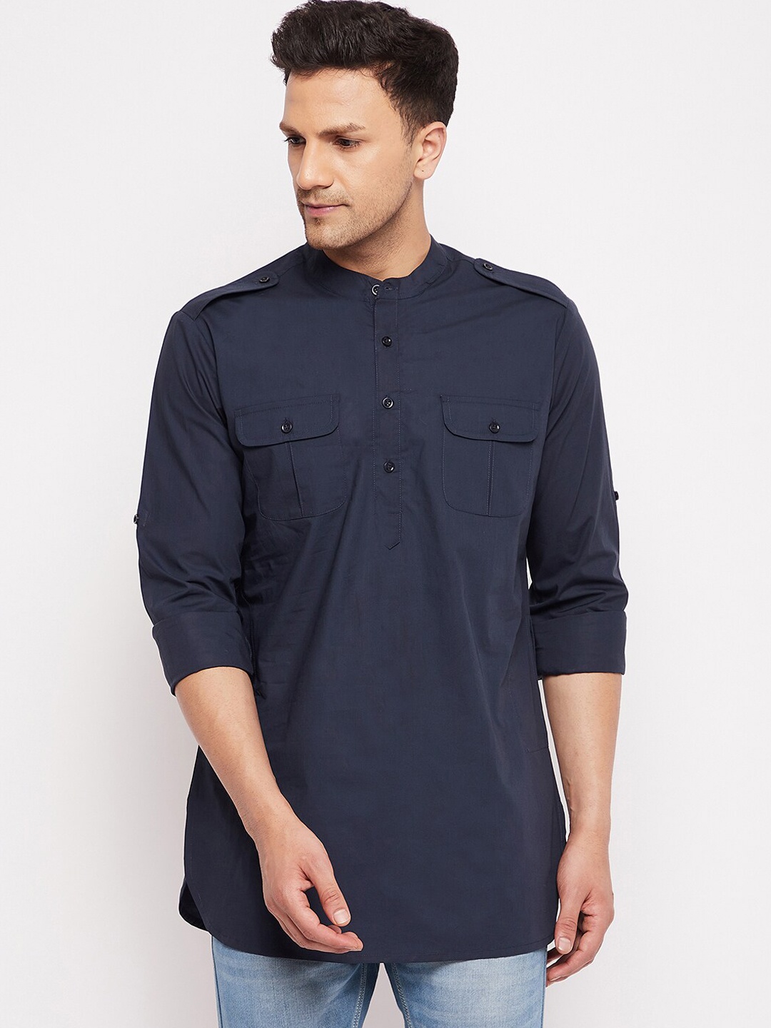 

Hypernation Men Navy Blue Thread Work Pathani Kurta