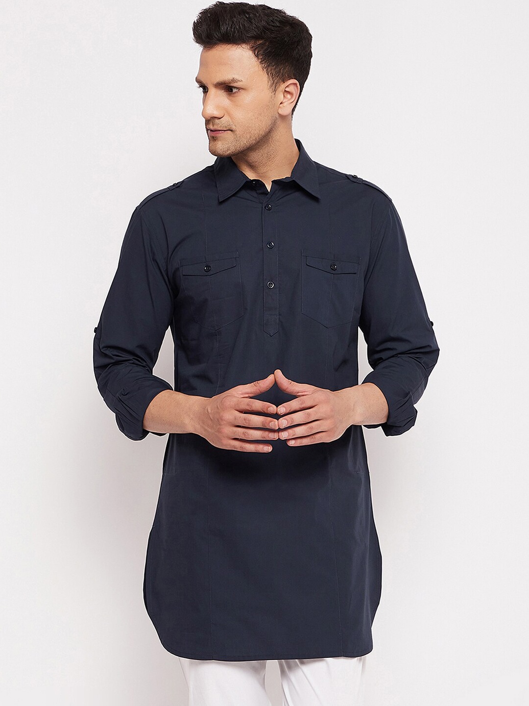 

Hypernation Men Navy Blue Patchwork Pathani Kurta