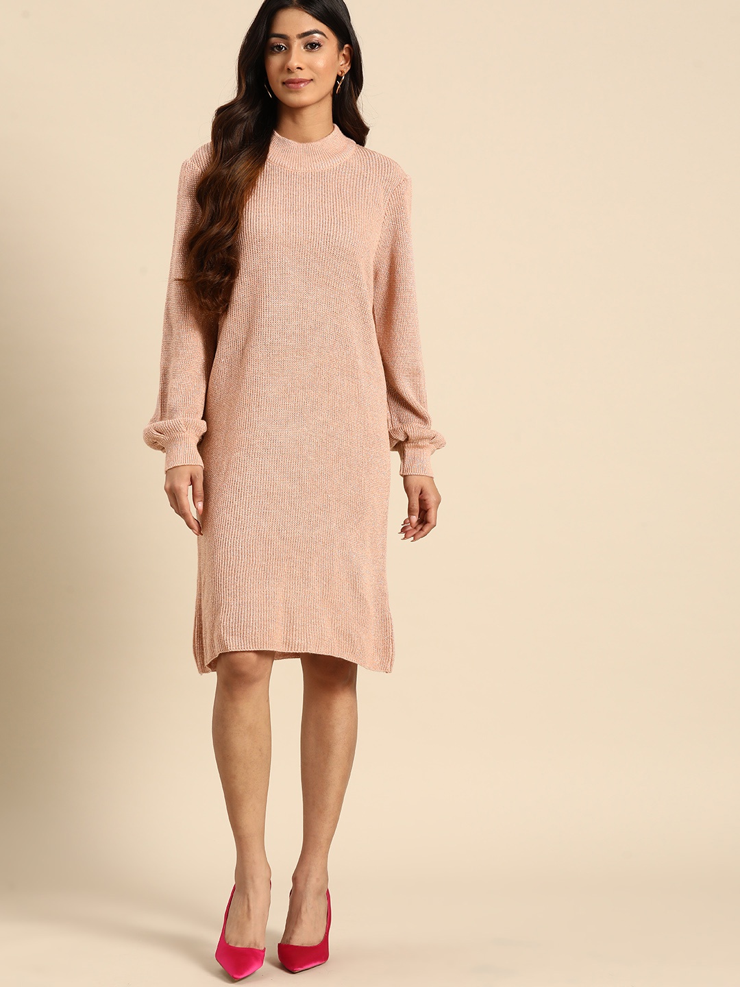 

all about you Shimmery Finish Ribbed Acrylic Jumper Dress, Peach