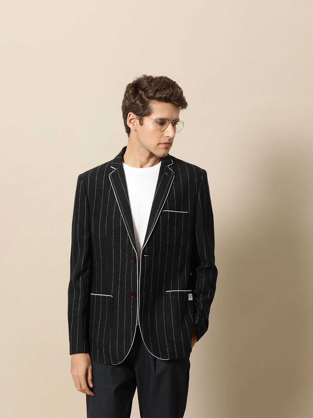 

Mr Bowerbird Men Black & White Tailored Fit Striped Single-Breasted Casual Blazer