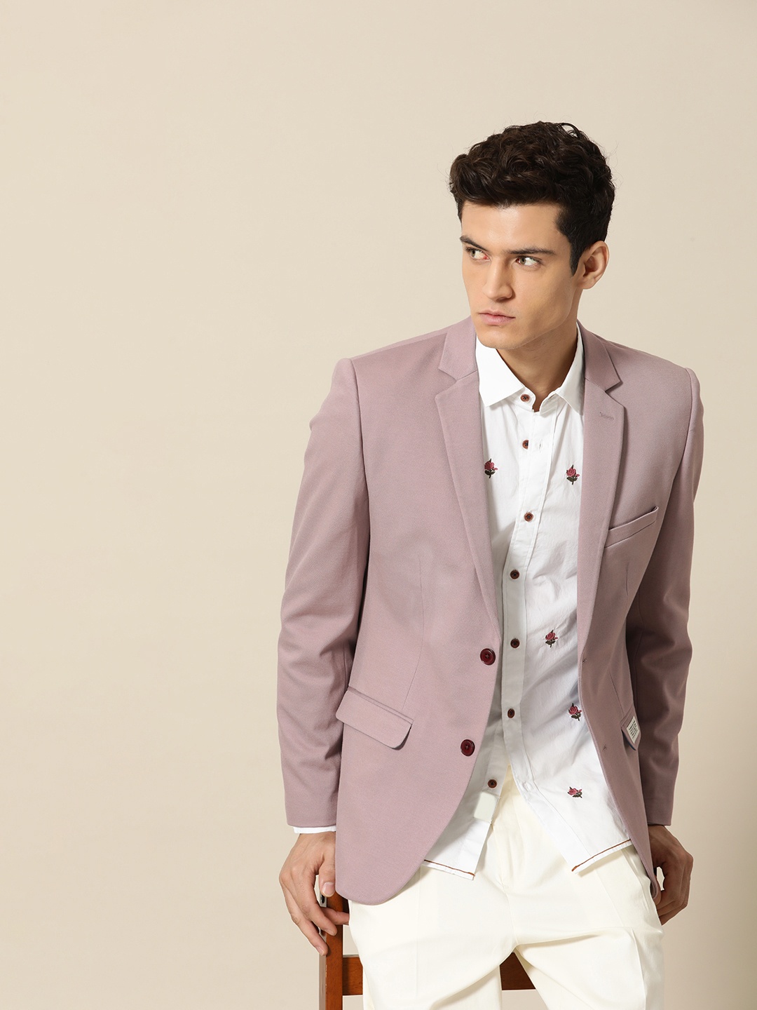 

Mr Bowerbird Men Mauve Solid Tailored Fit Single-Breasted Casual Blazer
