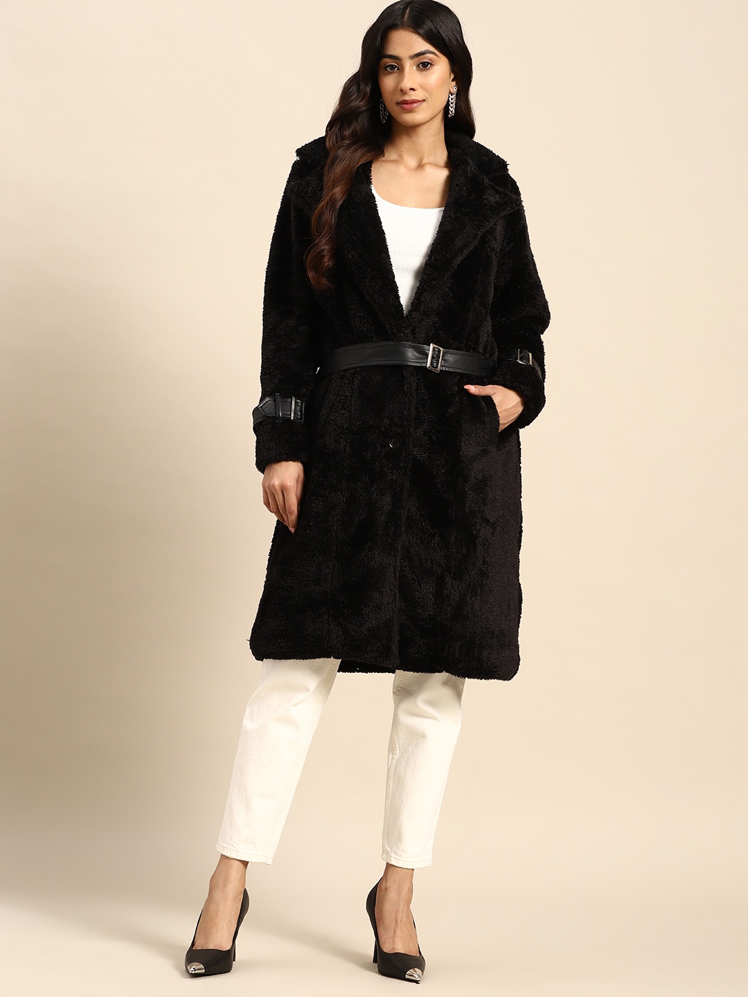 

all about you Fleece Longline Tailored Jacket with a Belt, Black