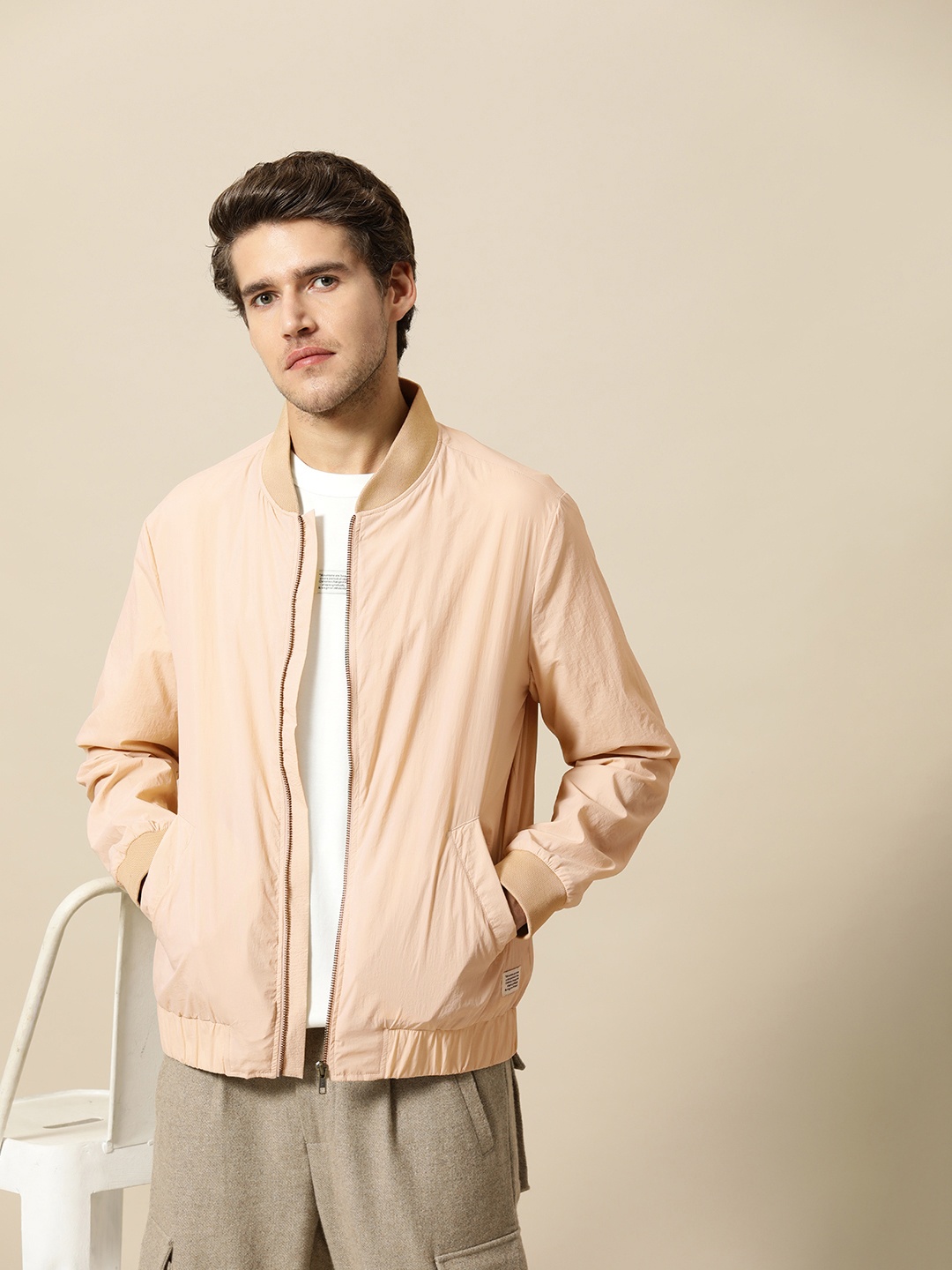 

Mr Bowerbird Men Cream-Coloured Solid Bomber Jacket