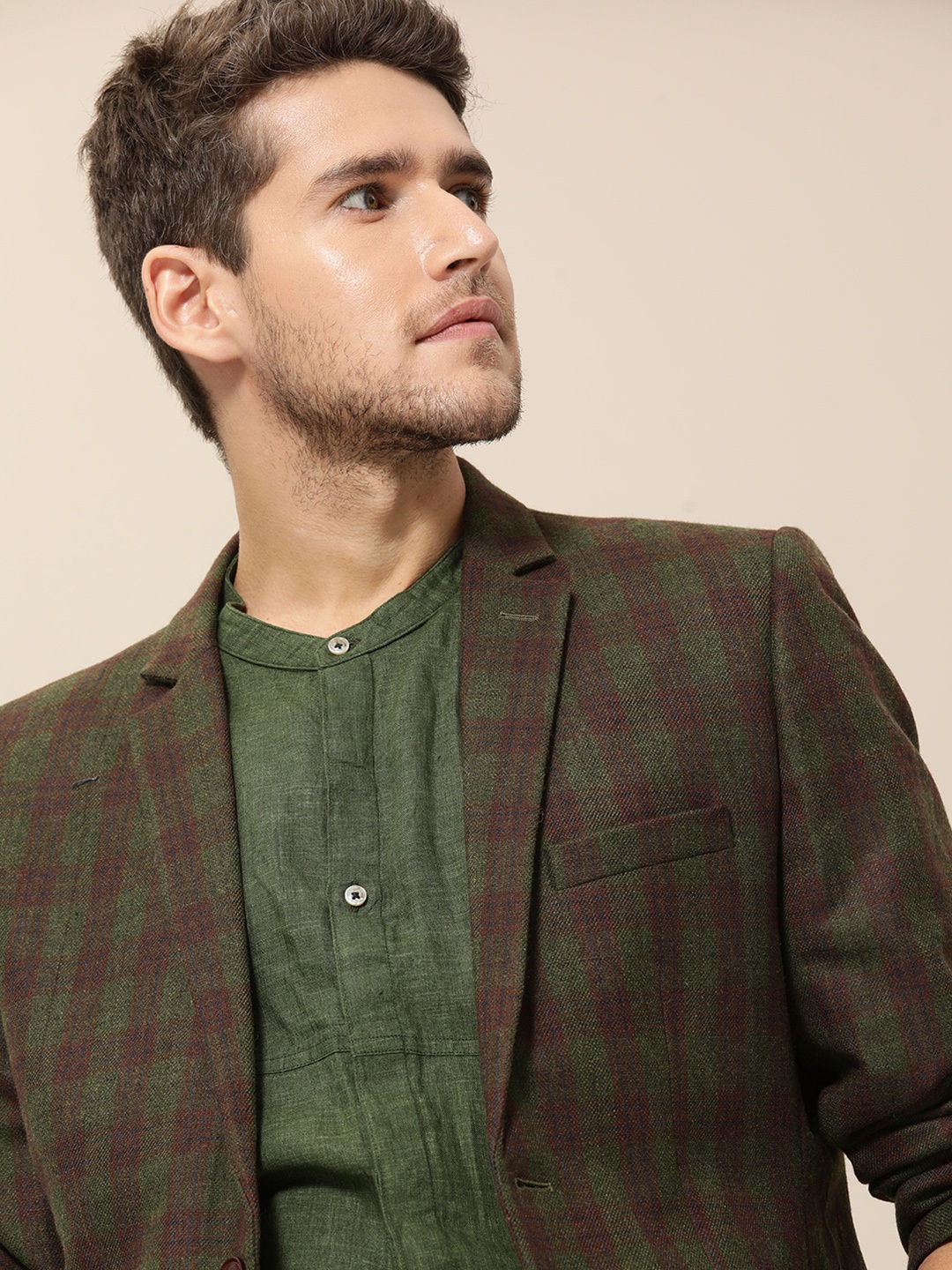 

Mr Bowerbird Men Olive Green & Maroon Tailored Fit Checked Single Breasted Casual Blazer