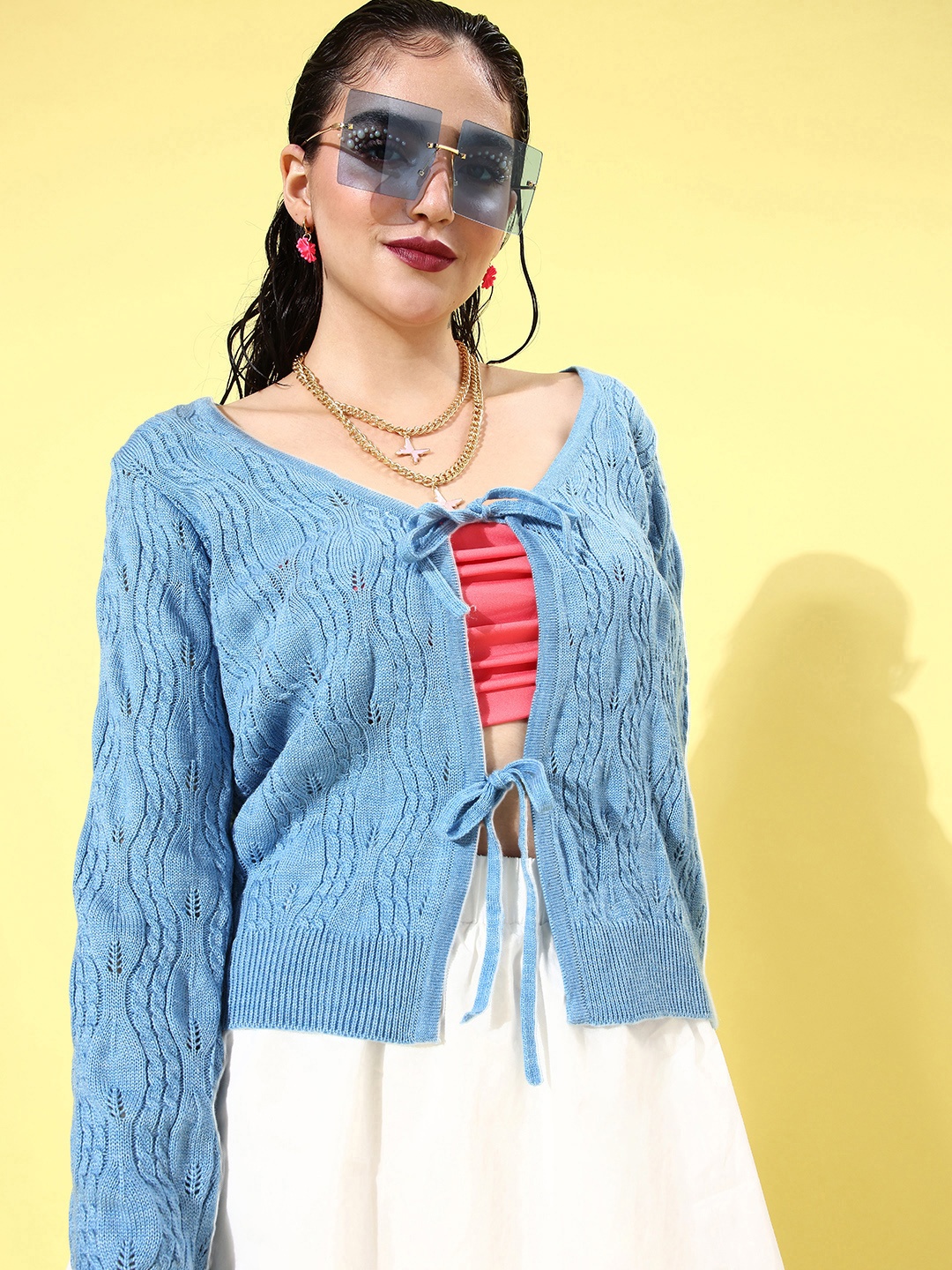 

all about you Women Powder Blue Cable Knit Open-Front Sweater With Tie-ups Detail