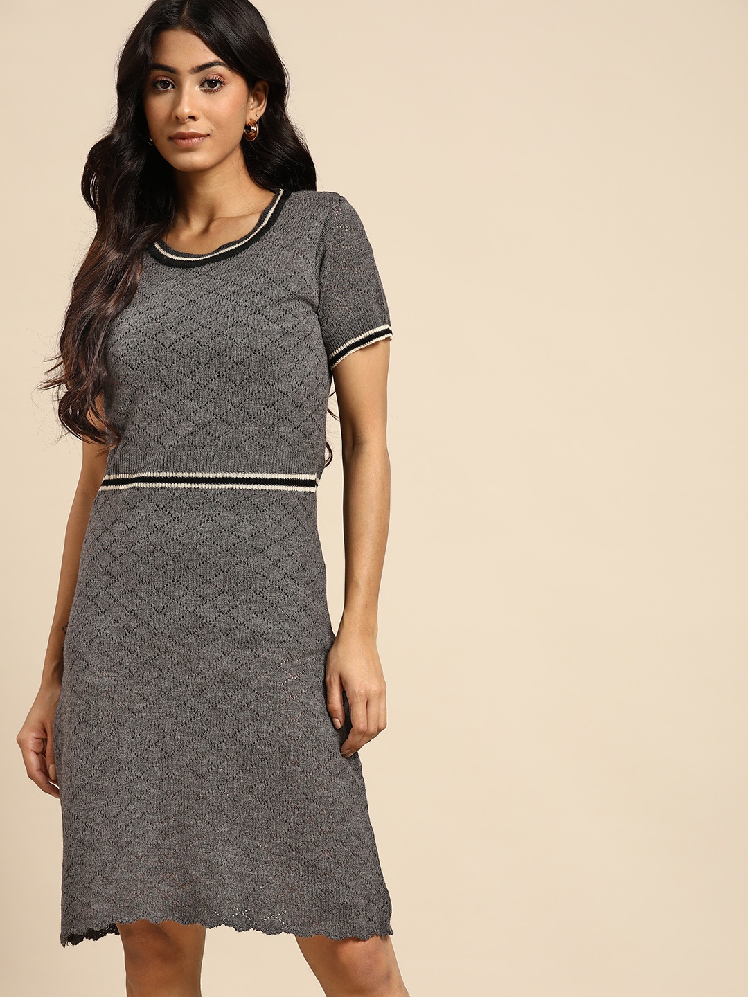 

all about you Charcoal Grey Self Design Jumper Dress