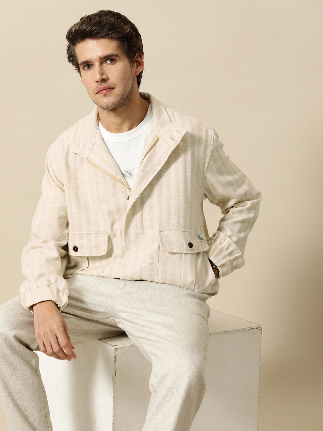 

Mr Bowerbird Men Beige Off White Striped Tailored Jacket