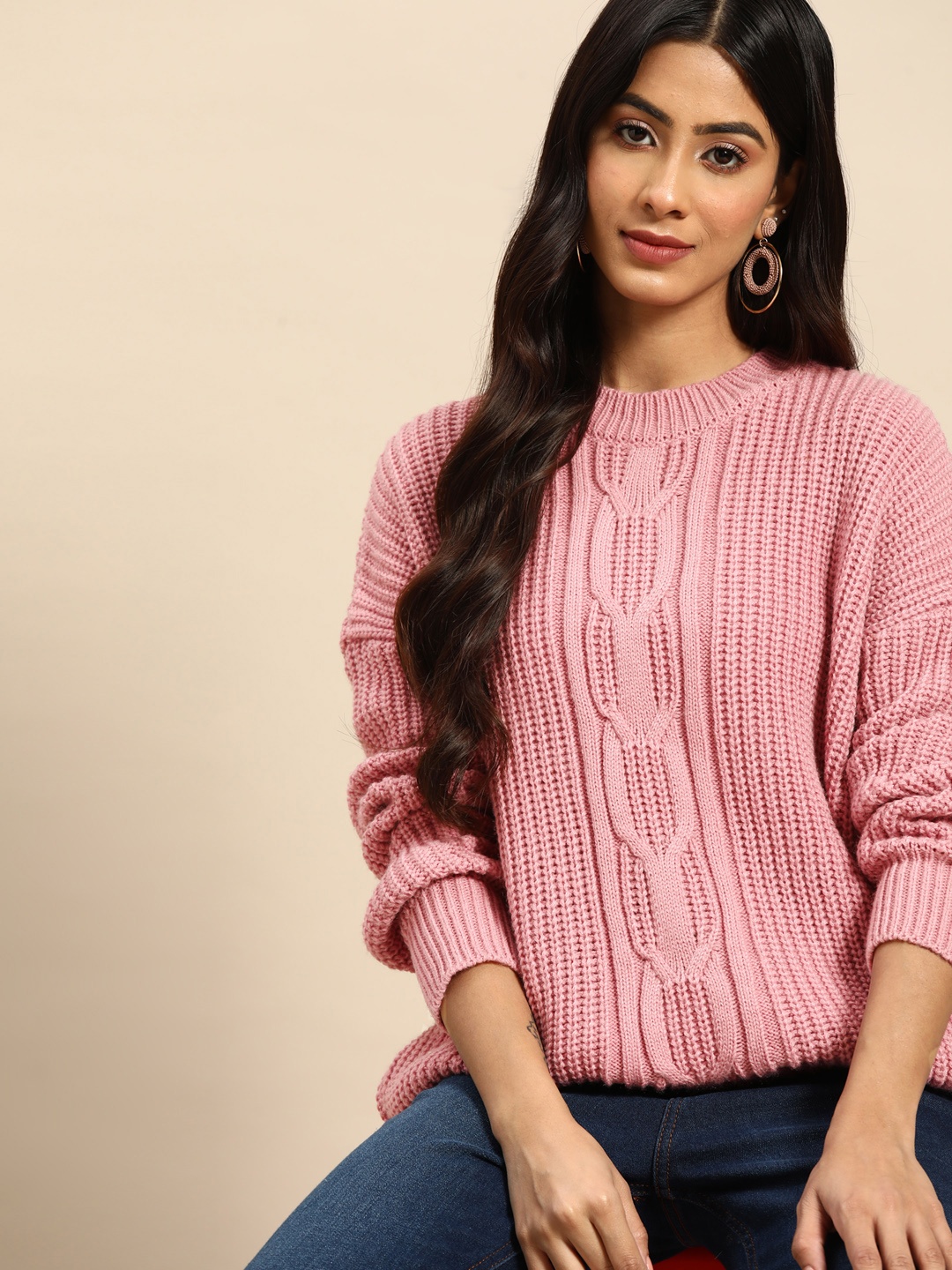 

all about you Women Pink Self-Design Acrylic Cable Knit Pullover