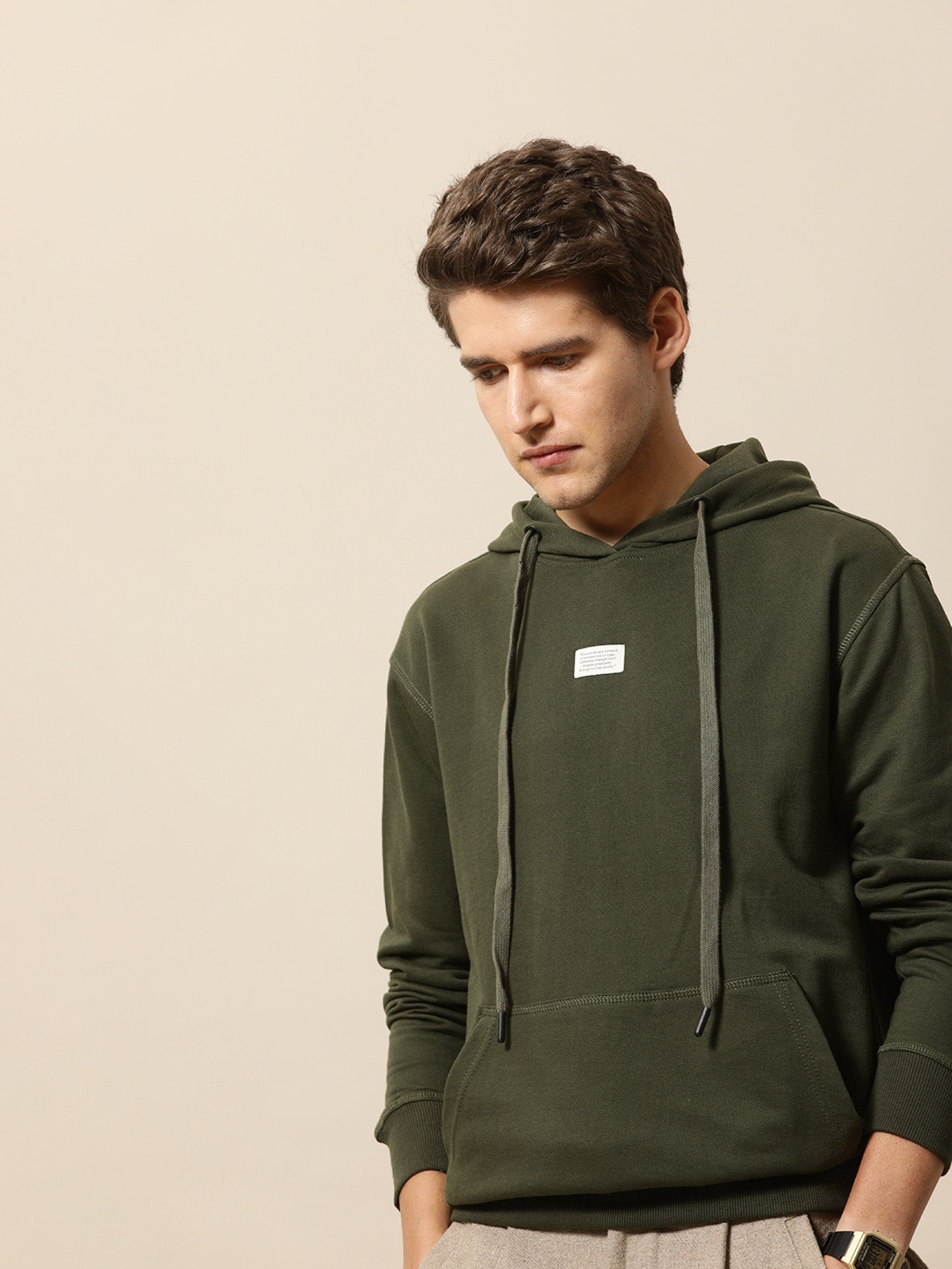 

Mr Bowerbird Men Olive Green Solid Hooded Sweatshirt