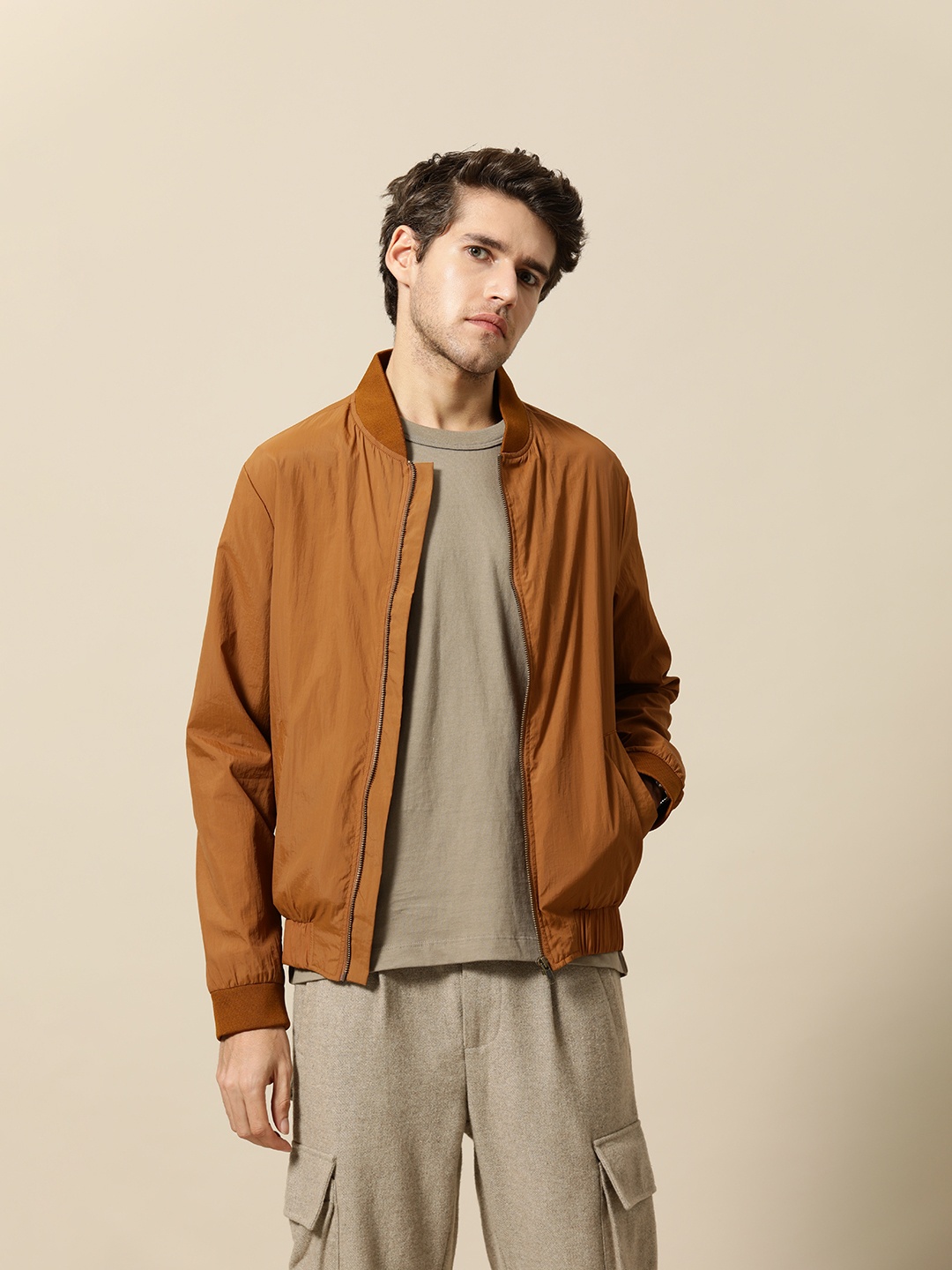 

Mr Bowerbird Men Tan Brown Solid Bomber Jacket
