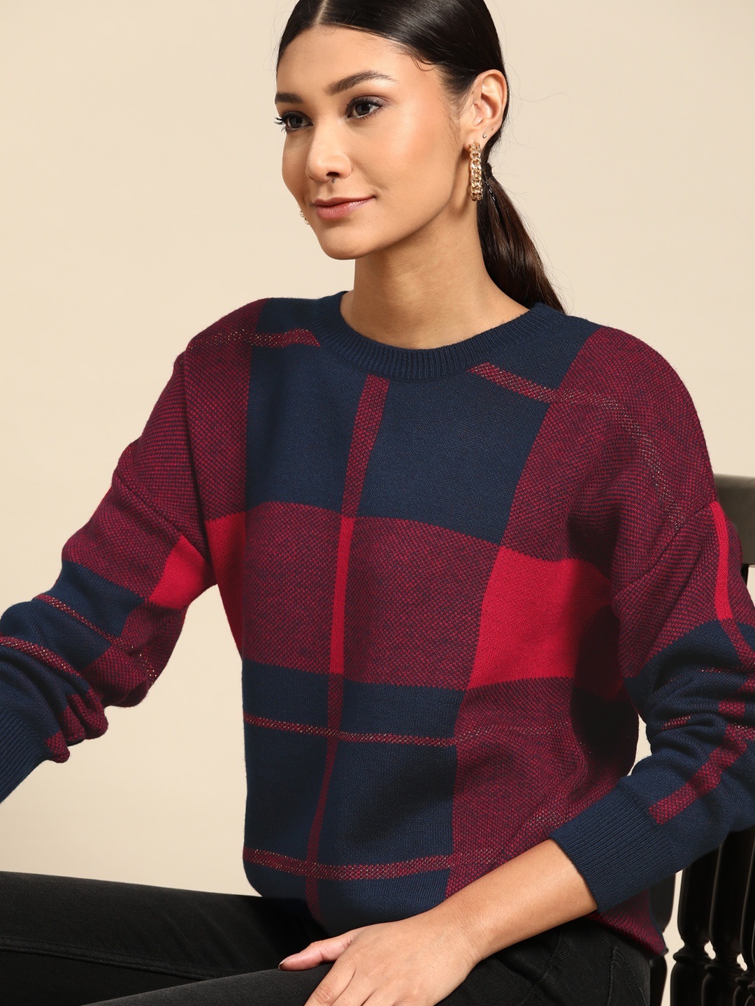 

all about you Women Navy Blue & Red Checked Pullover