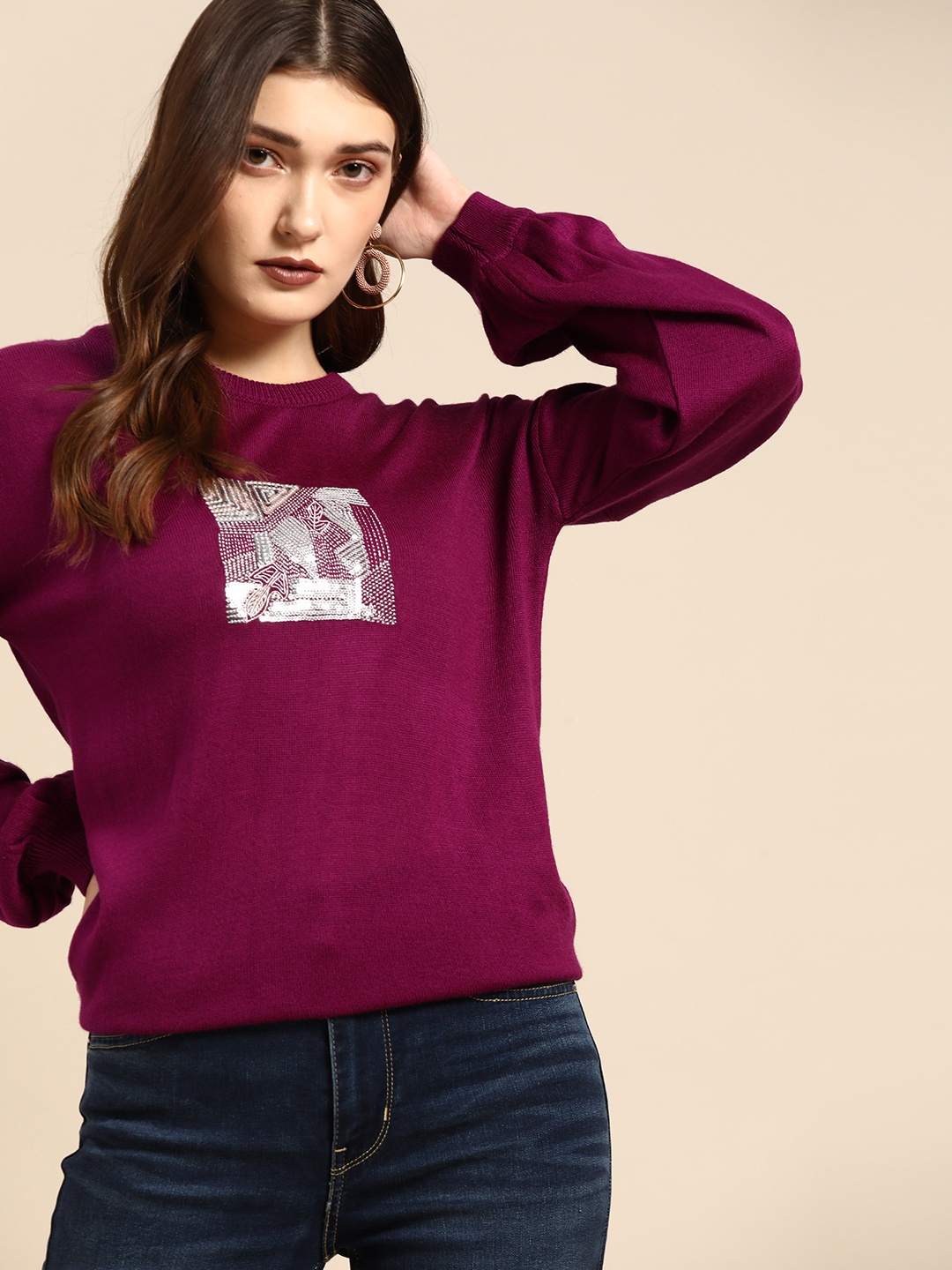 

all about you Women Purple Acrylic Puff Sleeves Pullover with Embellished Detail