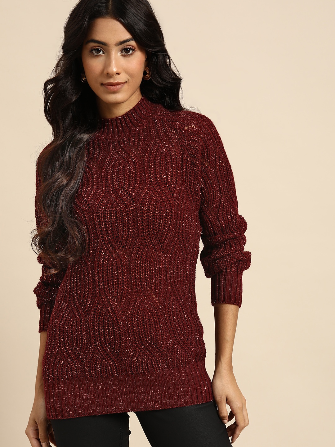 

all about you Women Maroon Cable Knit Pullover