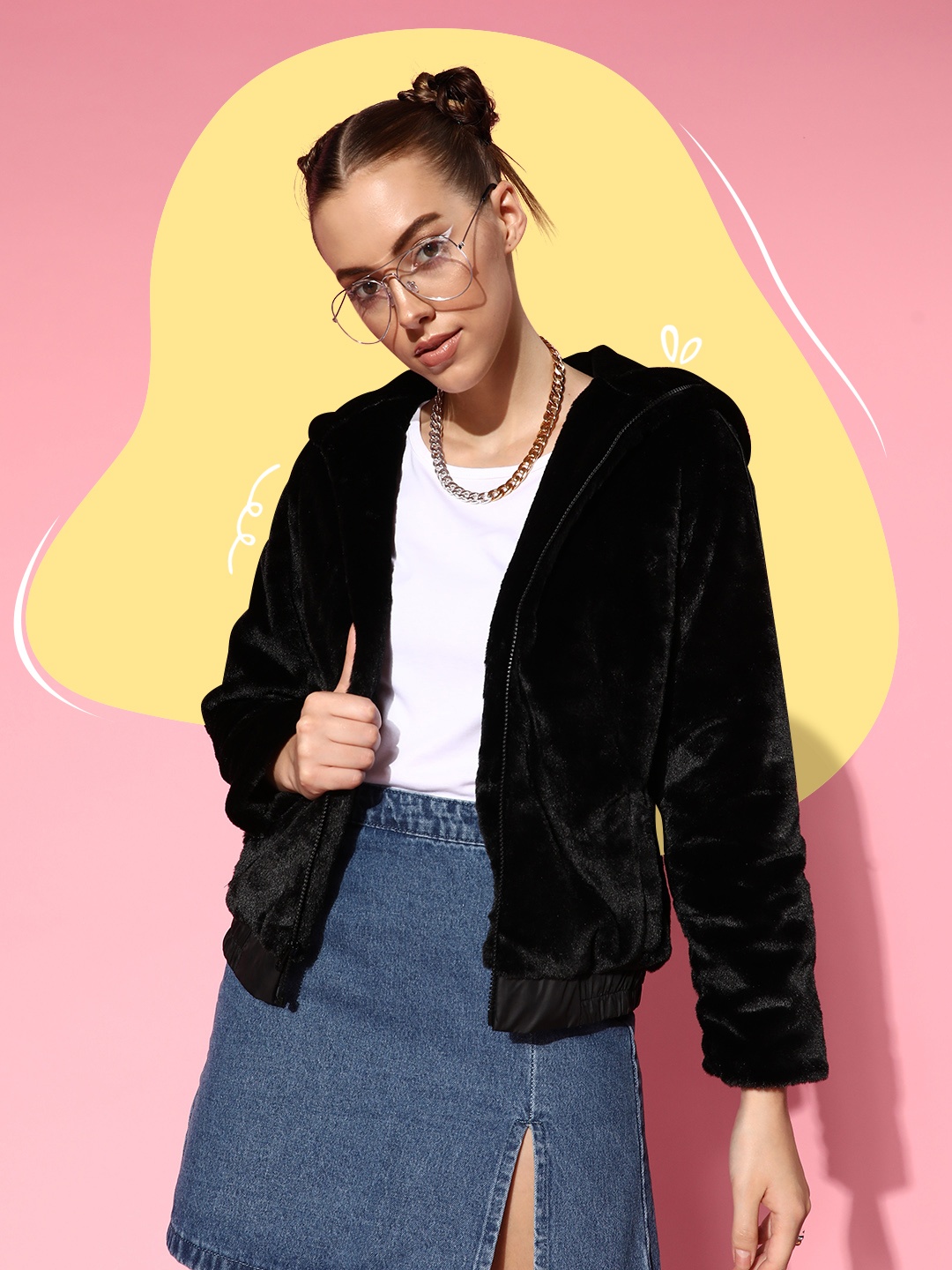

all about you Women Classic Black Solid Go Fur It Bomber Jacket