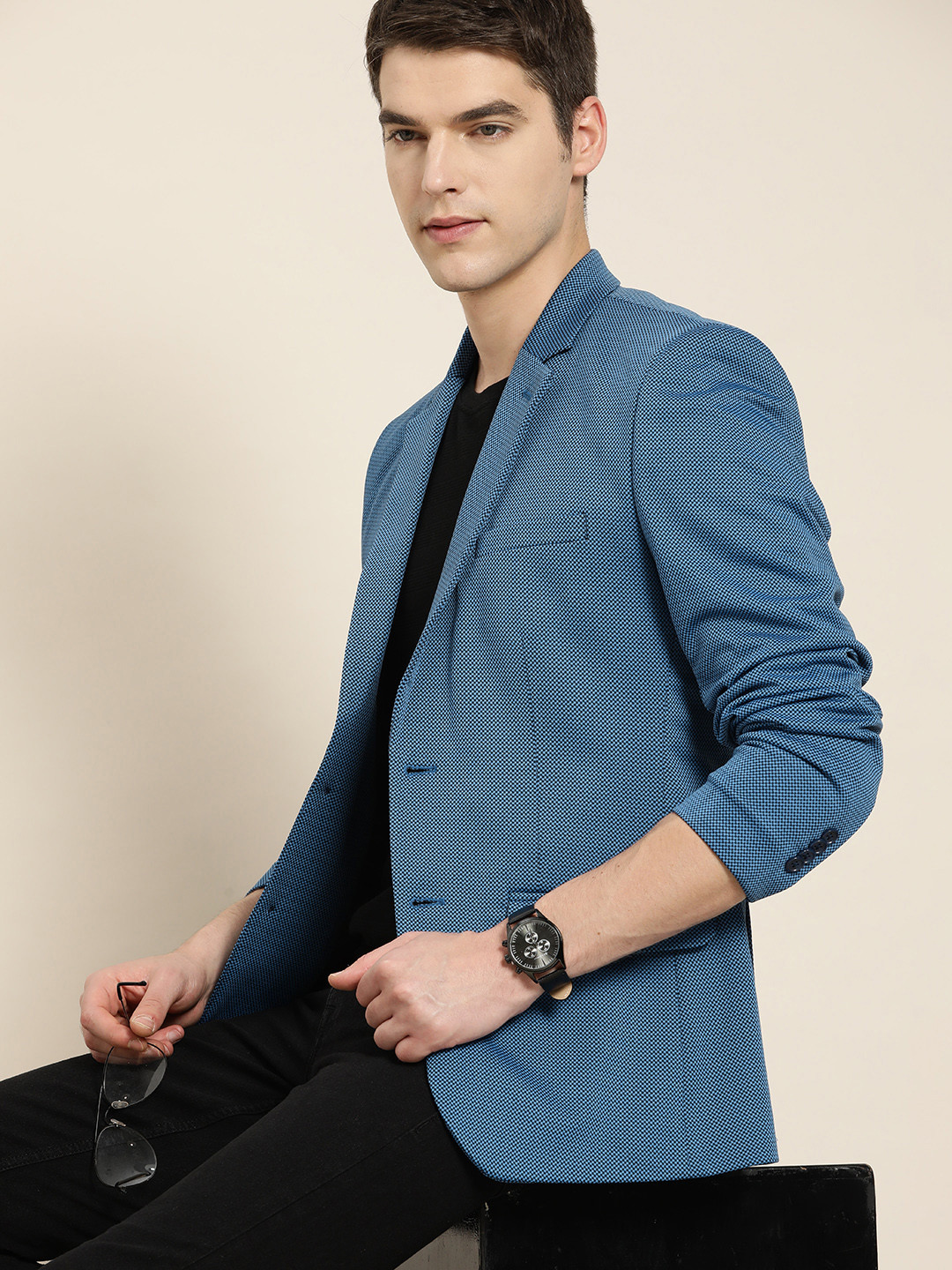 

INVICTUS Printed Single-Breasted Slim Fit Blazer, Blue