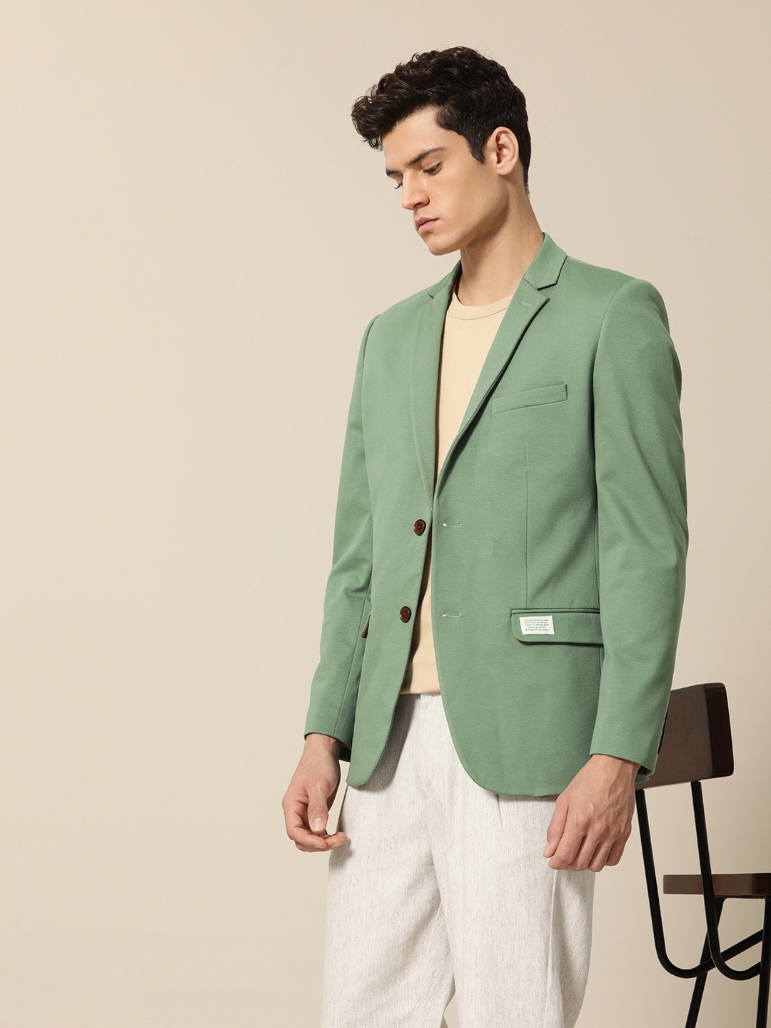 

Mr Bowerbird Men Light Olive Green Solid Tailored Fit Premium Knit Smart Casual Blazer