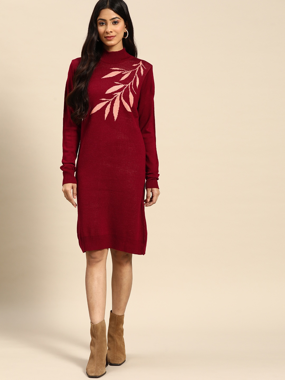 

all about you Maroon Floral Pattern High-Neck Acrylic Jumper Dress