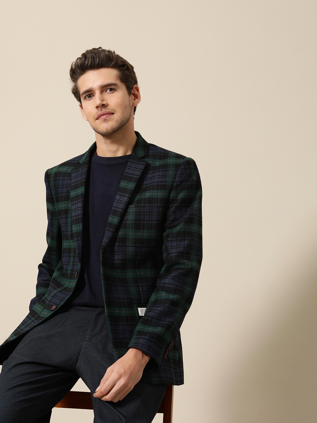 

Mr Bowerbird Men Green And Navy Blue Checked Single Breasted Tailored Fit Tweed Blazer