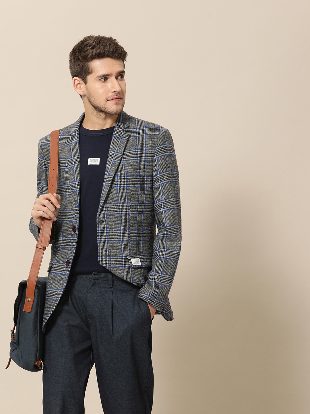 

Mr Bowerbird Men Grey & Blue Checked Tailored Fir Standard Single-Breasted Tweed Blazer