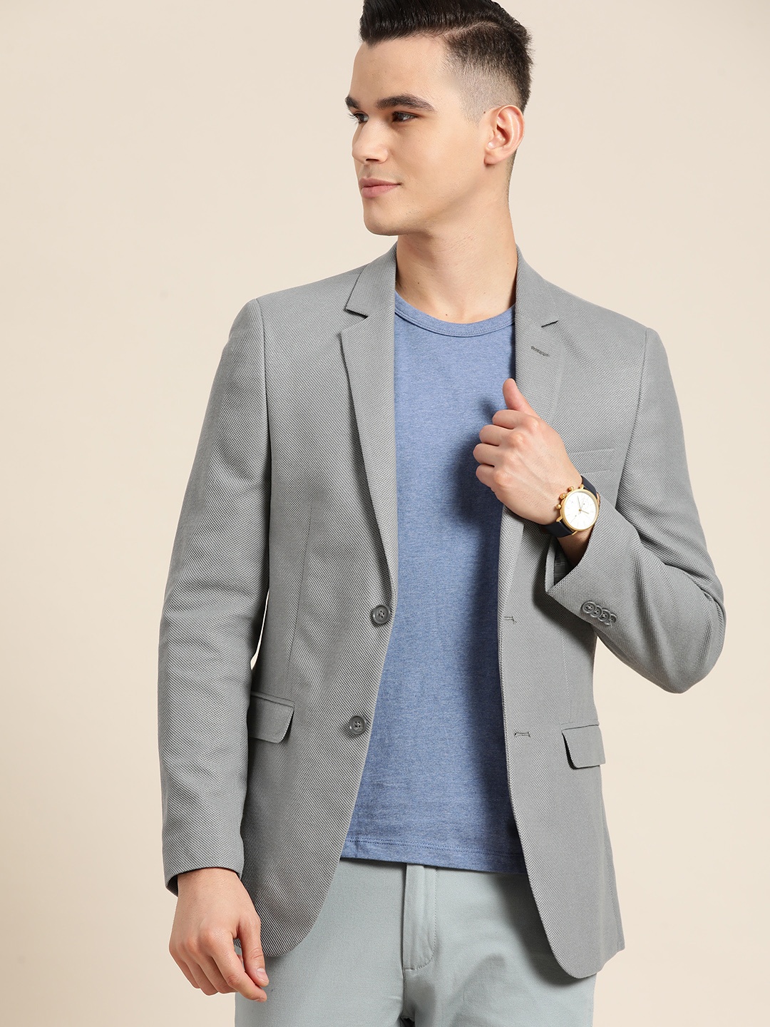 

INVICTUS Textured Slim Fit Single Breasted Blazer, Grey