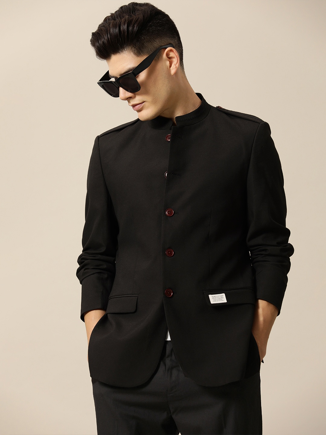 

Mr Bowerbird Men Mandarin Collar Bandgala Blazer With Flap Pockets, Black