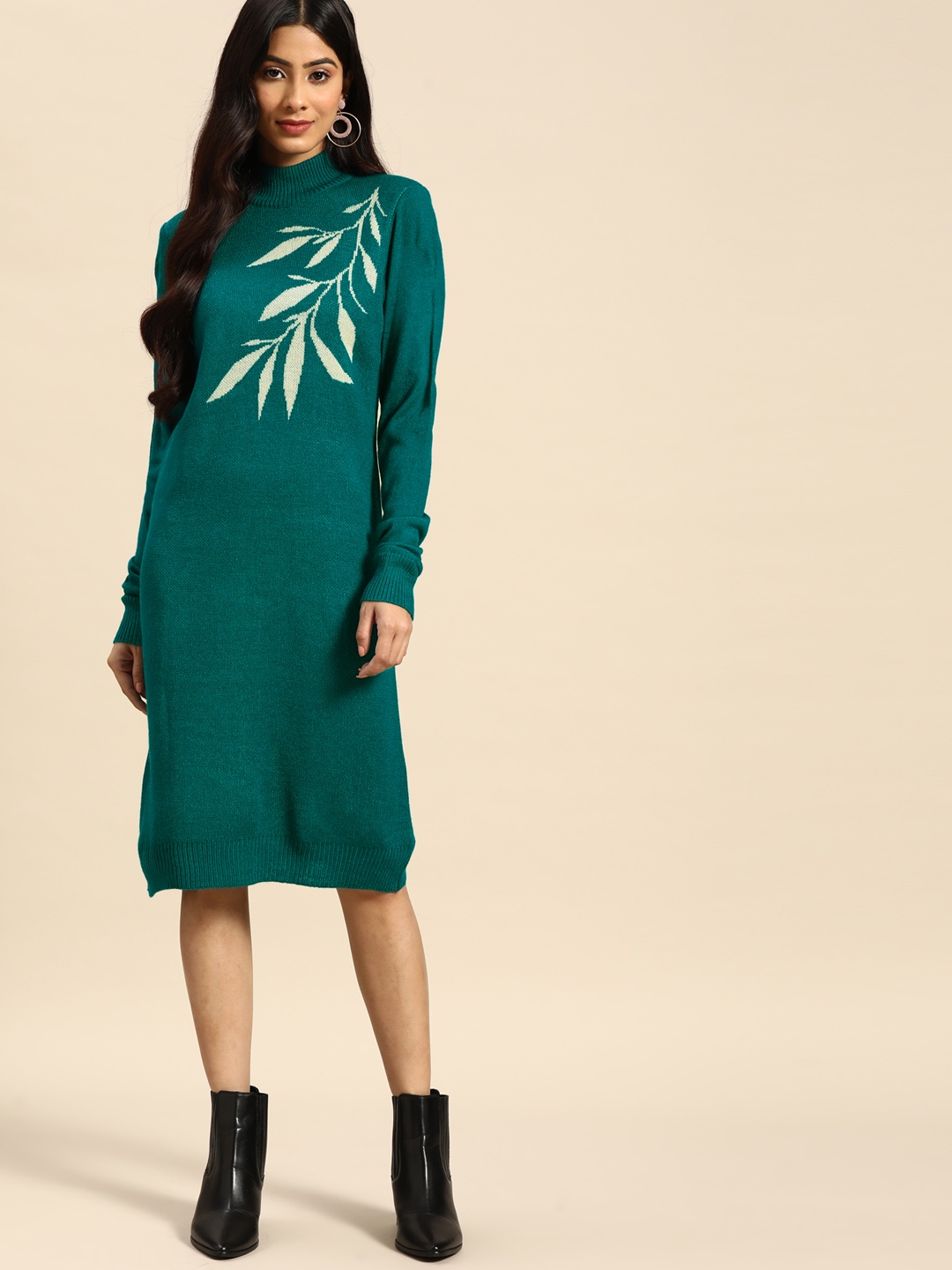 

all about you Teal Green Floral Self Design High-Neck Acrylic Jumper Dress