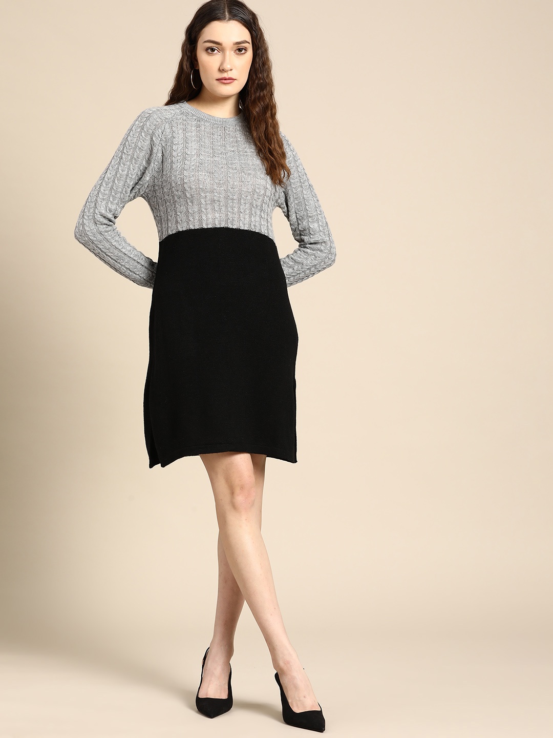

all about you Grey & Black Colourblocked Acrylic Jumper Dress With Cable Knit Detail