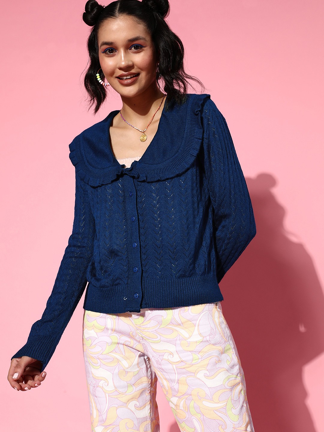 

all about you Women Self Design Cardigan, Navy blue