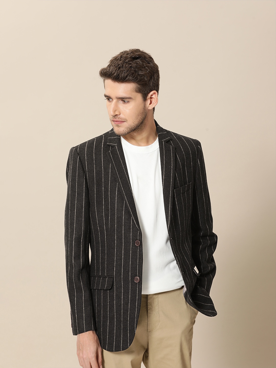 

Mr. Bowerbird Men Black Tailored-Fit Striped Single Breasted Smart Casual Blazer