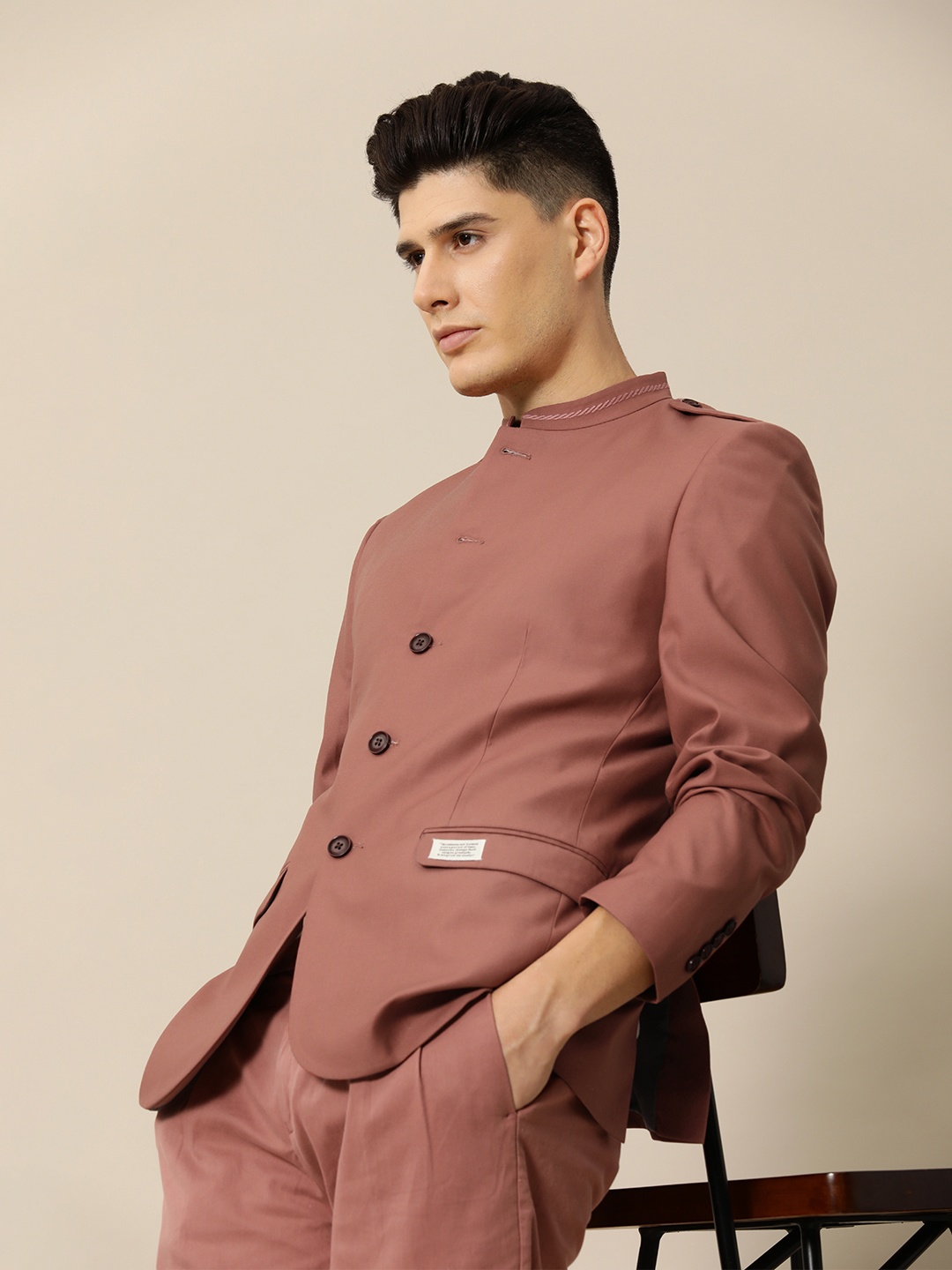 

Mr Bowerbird Men Mandarin Collar Bandgala Blazer With Flap Pockets, Mauve