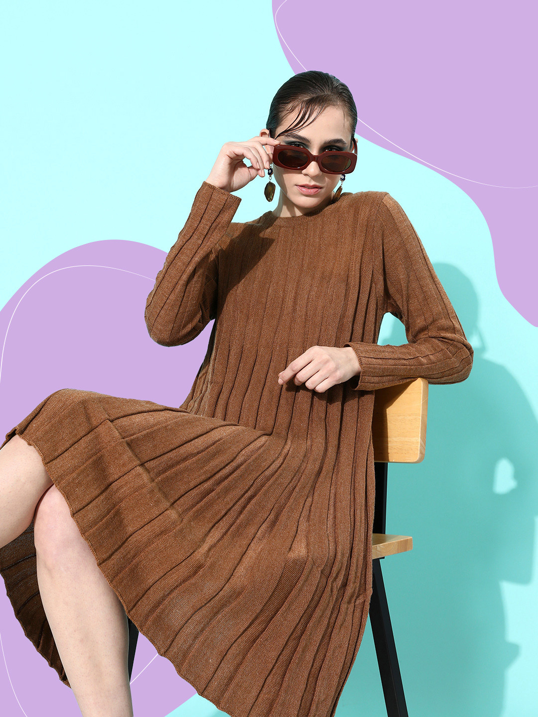

all about you Camel Brown Striped Knits Bits Cold Crush Sweater Dress