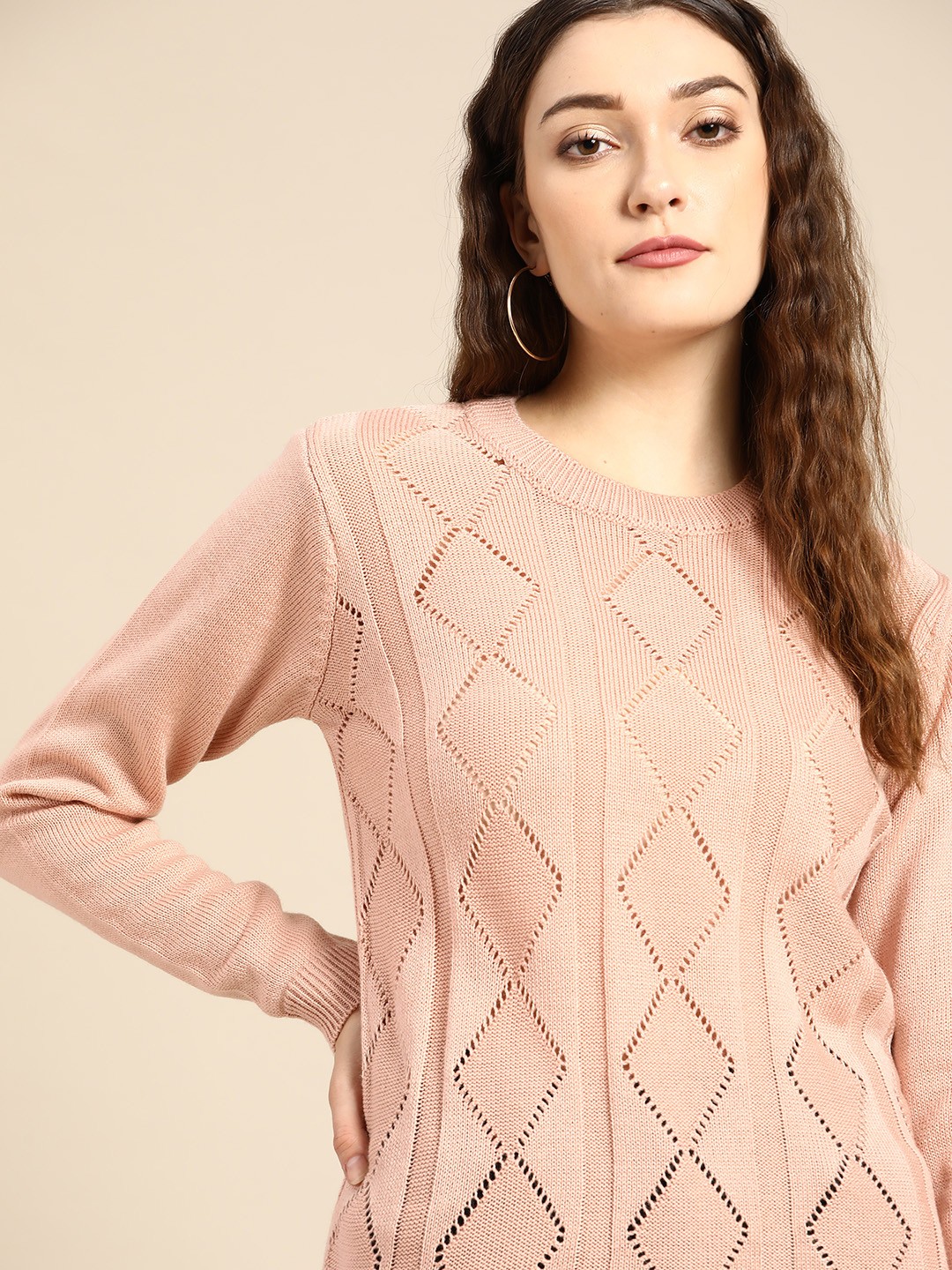 

all about you Women Peach-Coloured Self Design Pullover