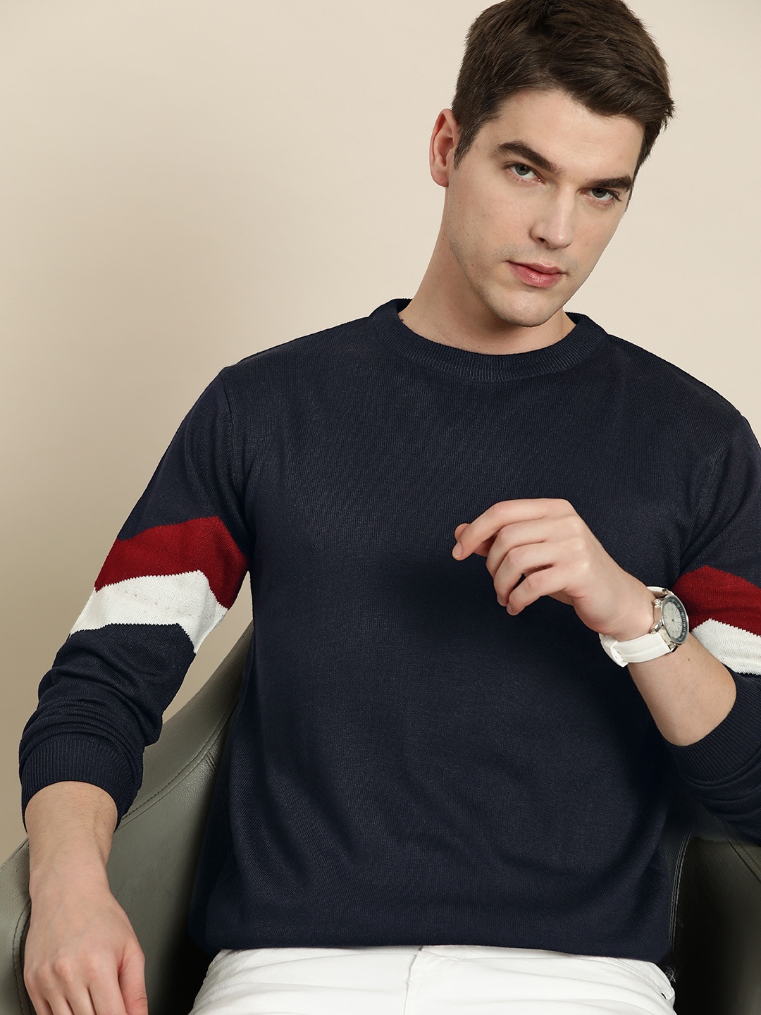 

INVICTUS Navy Blue Solid Stripes Detail Acrylic Pullover