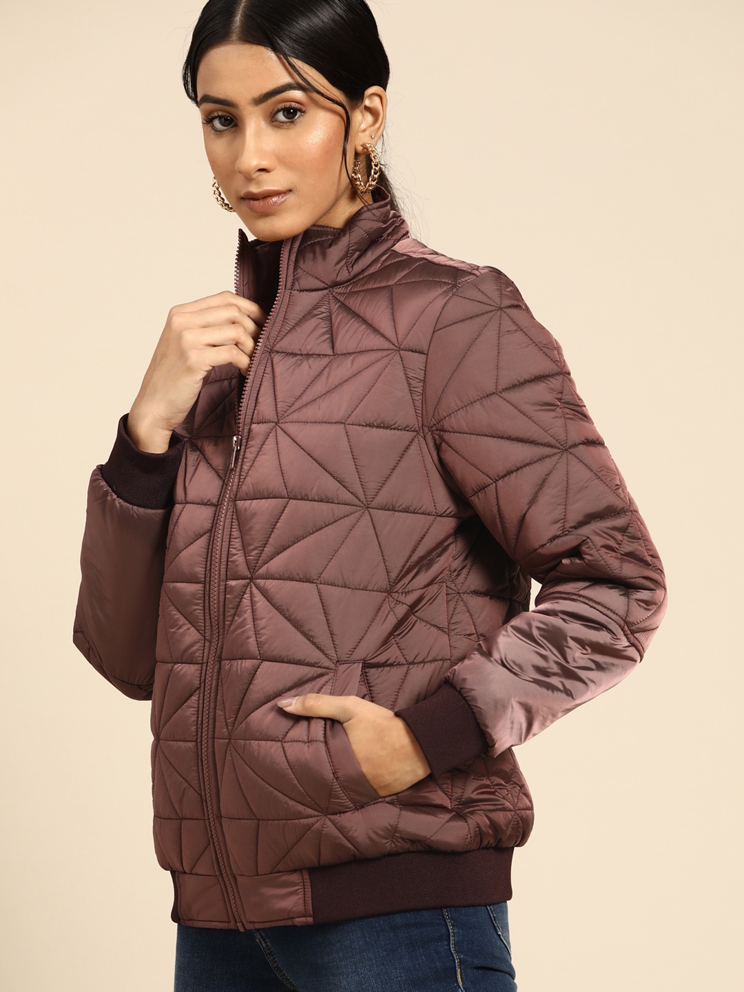 

all about you Women Brown Mock Collar Padded Jacket