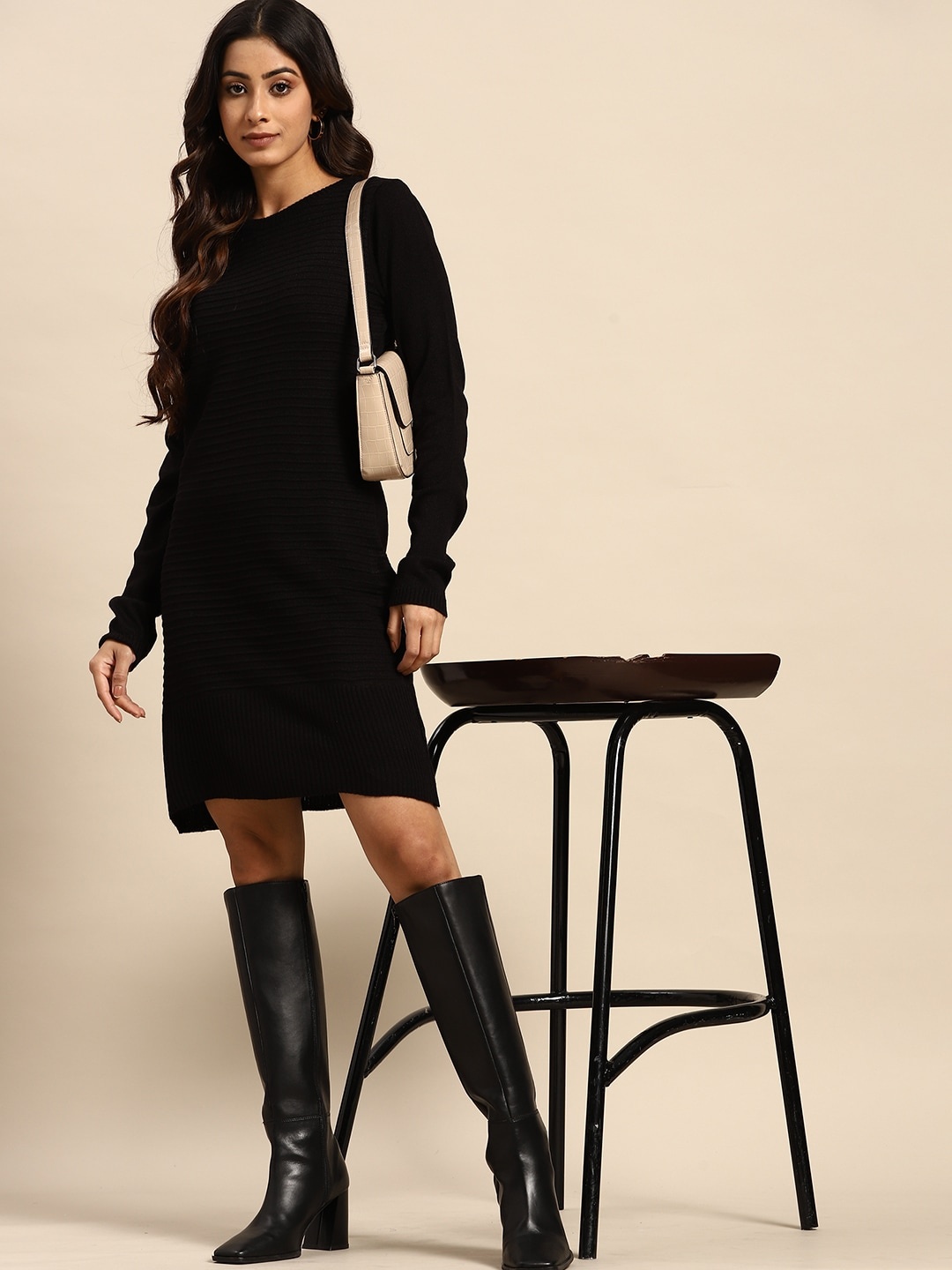 

all about you Self Striped Jumper Dress, Black