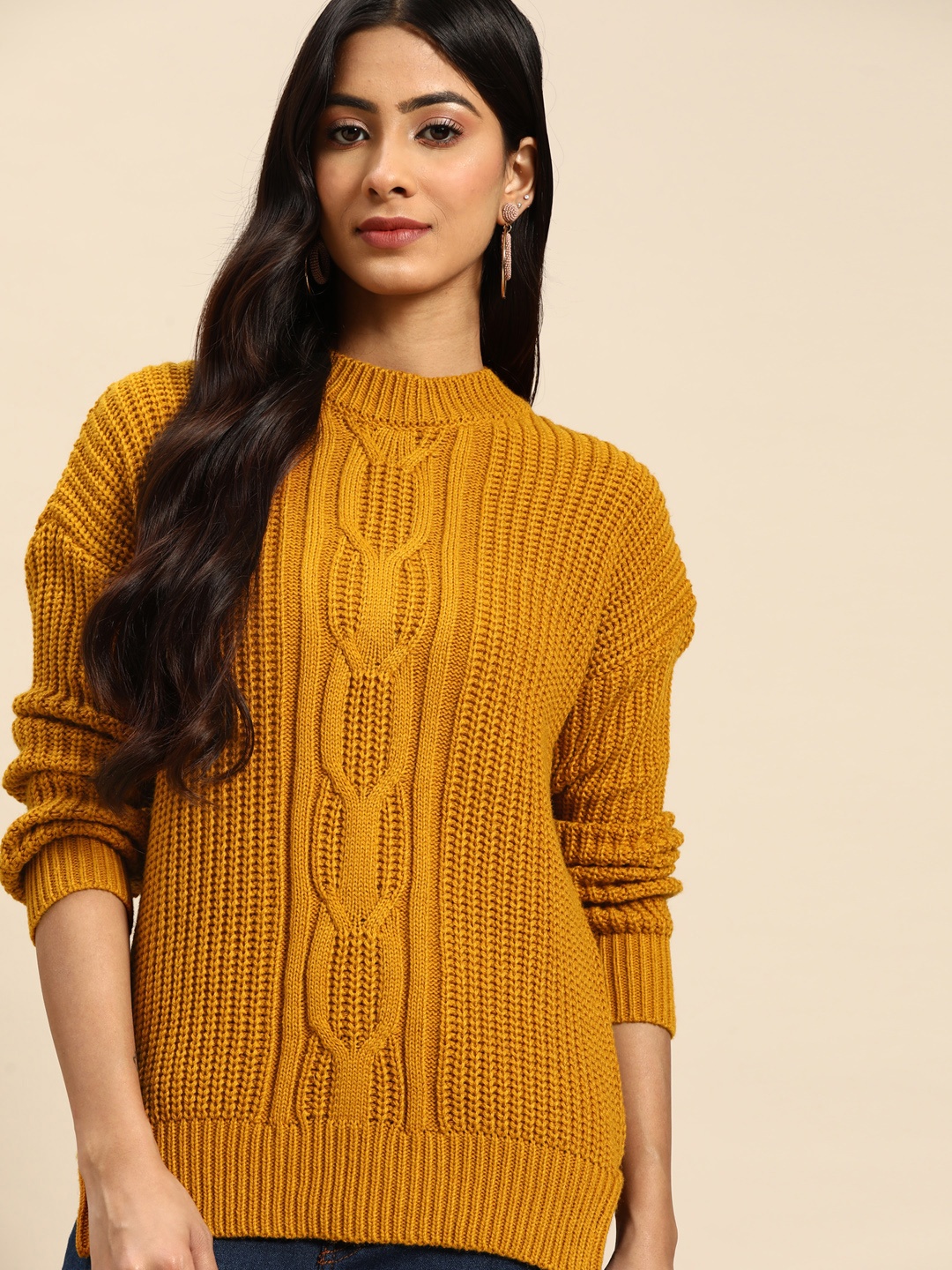 

all about you Women Mustard Yellow Self-Design Acrylic Cable Knit Pullover