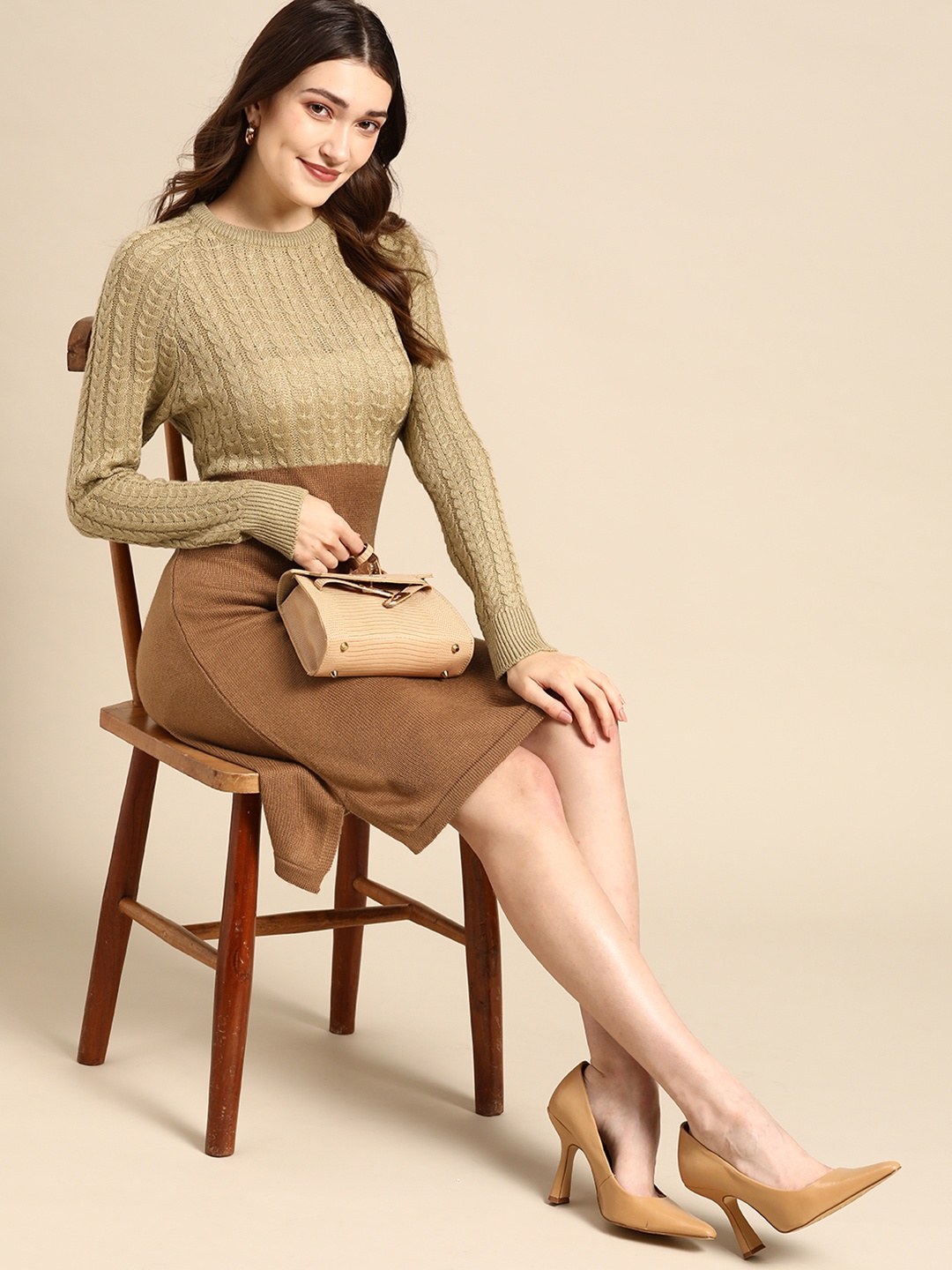 

all about you Beige & Brown Cable Knit Acrylic Colourblocked Sheath Dress