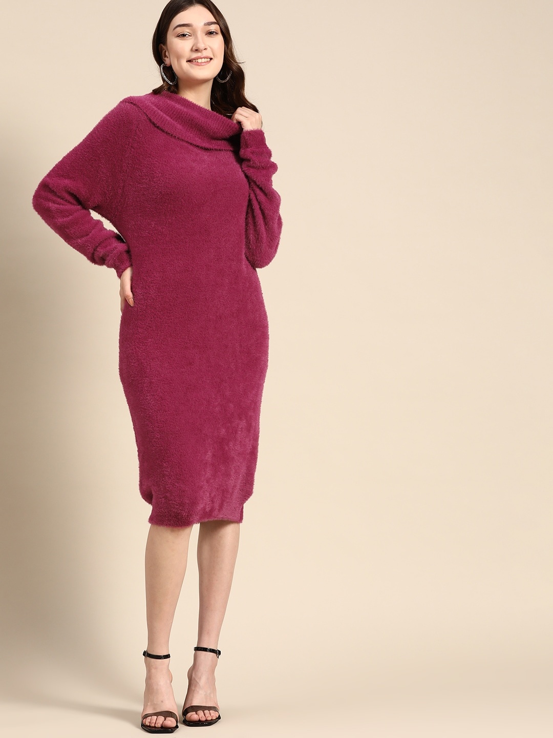 

all about you Cowl Neck Fuzzy Sweater Dress, Magenta