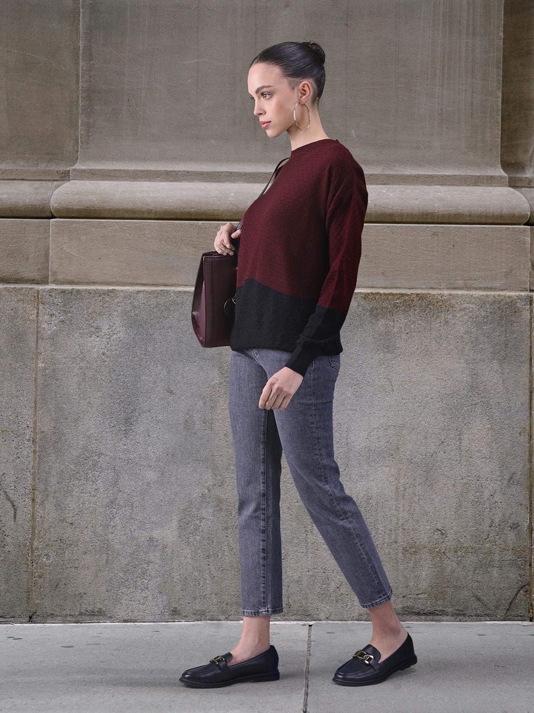 

her by invictus Women Maroon & Black Colourblocked Acrylic Sweater