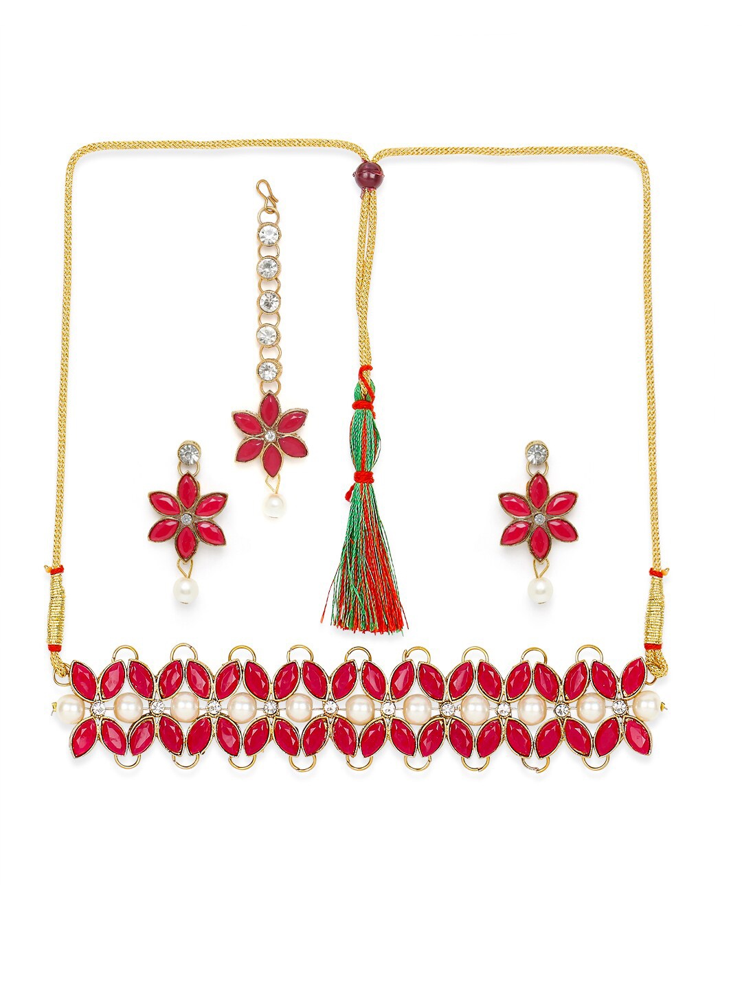 

Mahi Gold-Plated Red & White Kundan & Pearls Jewellery Set