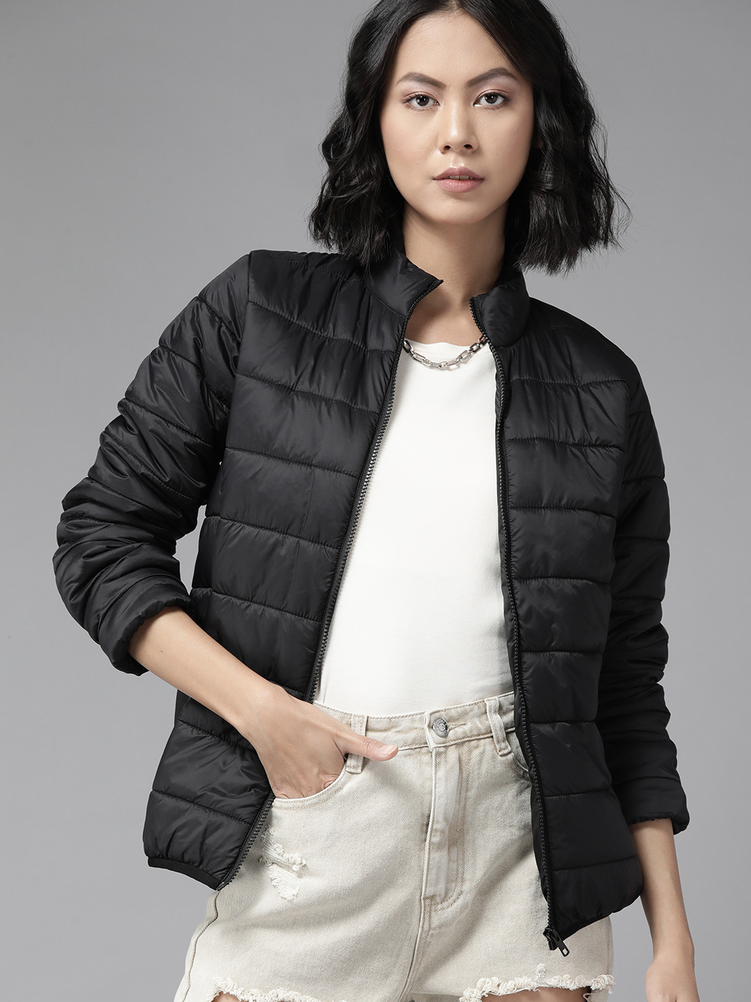 

The Roadster Lifestyle Co. Women Black Solid Padded Jacket with a Pouch
