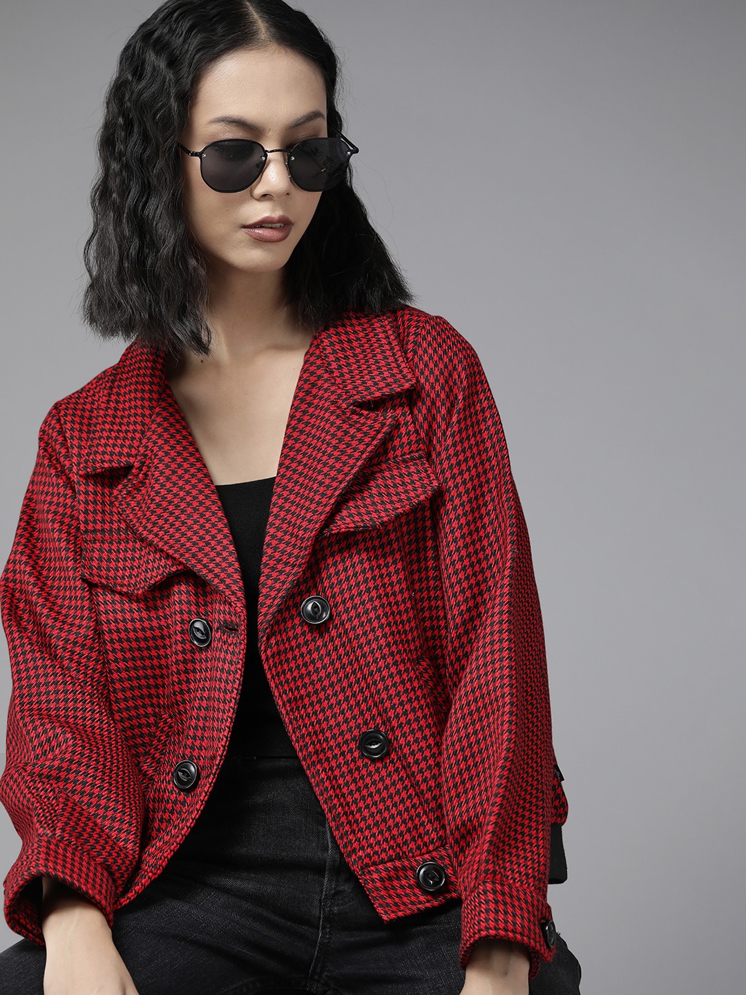 Roadster Women Red & Black Self-Design Bomber Jacket