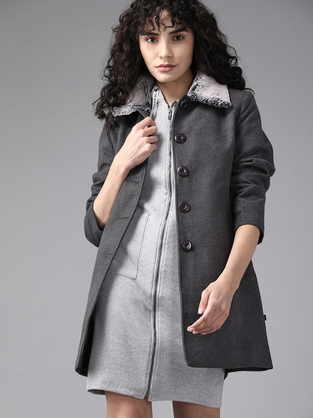 

Roadster Women Charcoal Grey Solid Longline Tailored Jacket with Belt