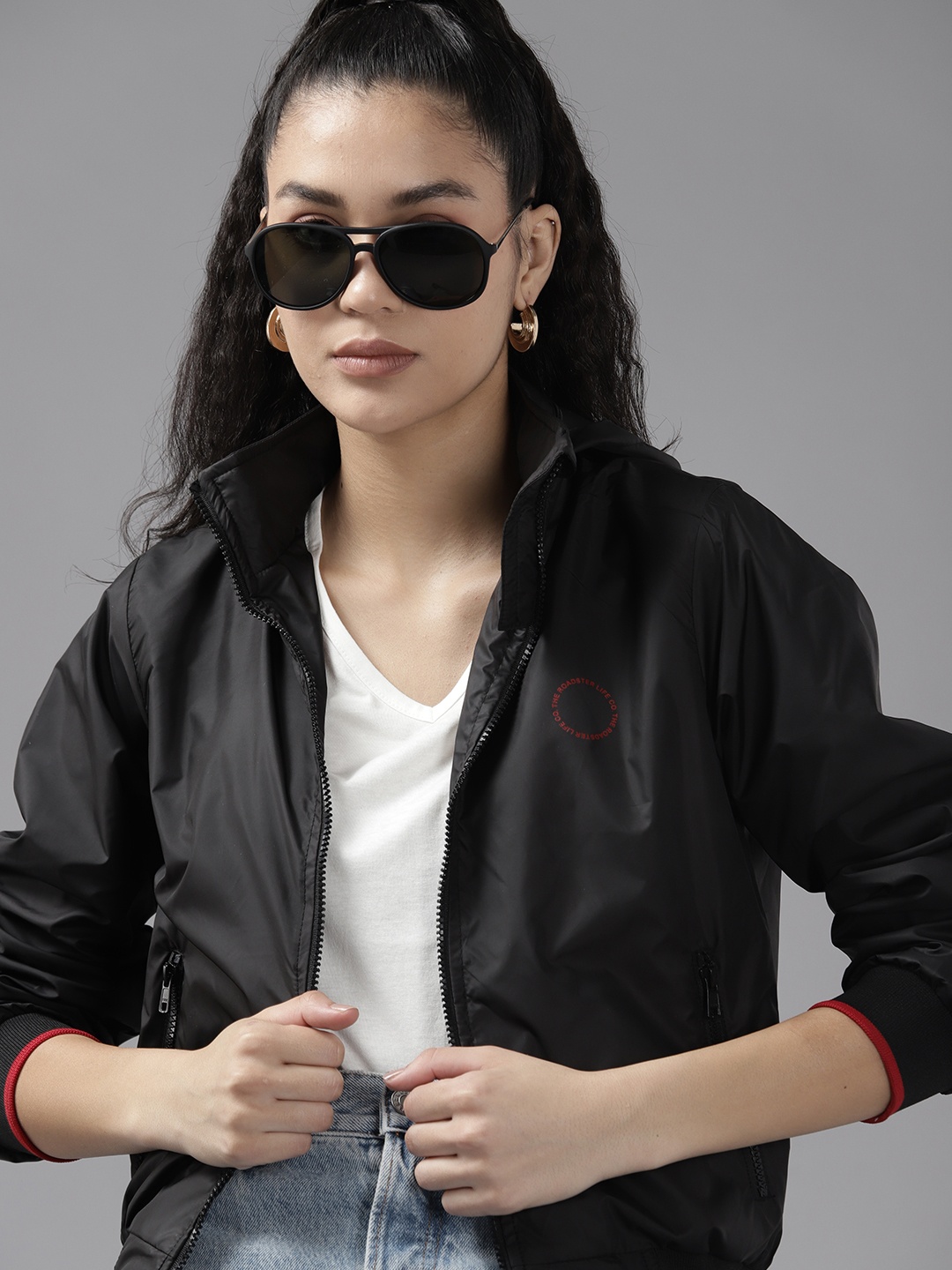 

The Roadster Lifestyle Co. Women Hooded Bomber Jacket, Black