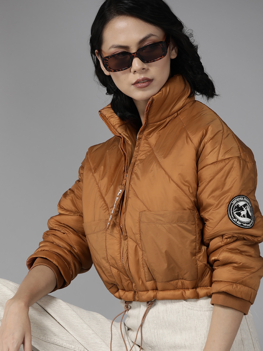 

The Roadster Lifestyle Co. Women Rust Brown Crop Padded Jacket with Patchwork