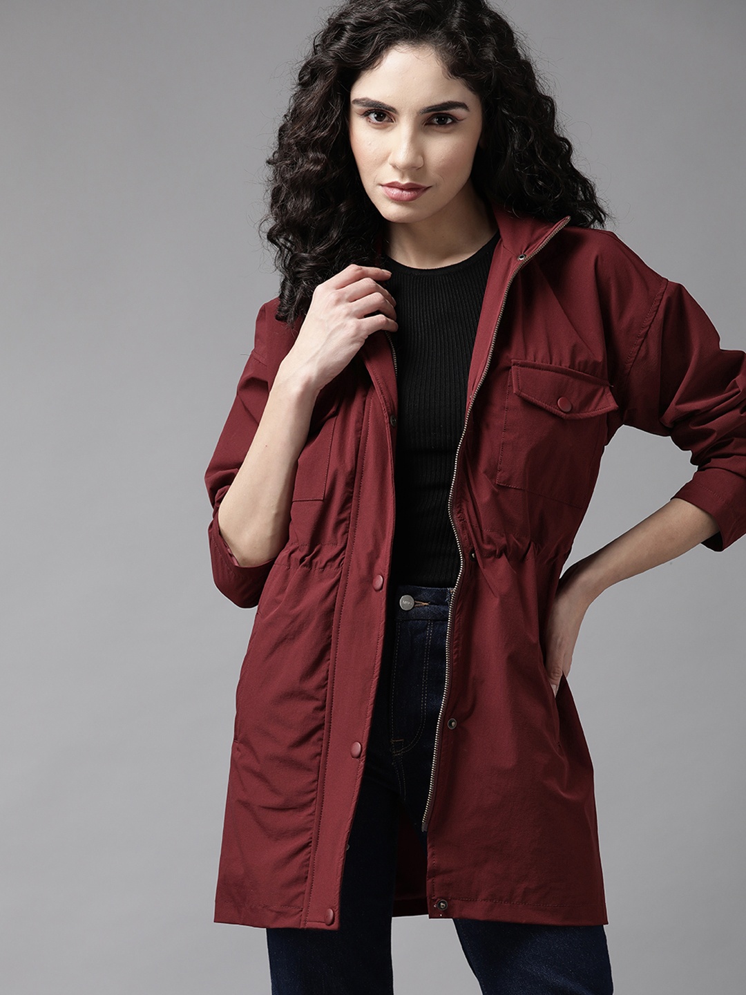 

The Roadster Lifestyle Co. Women Maroon Solid Longline Tailored Jacket