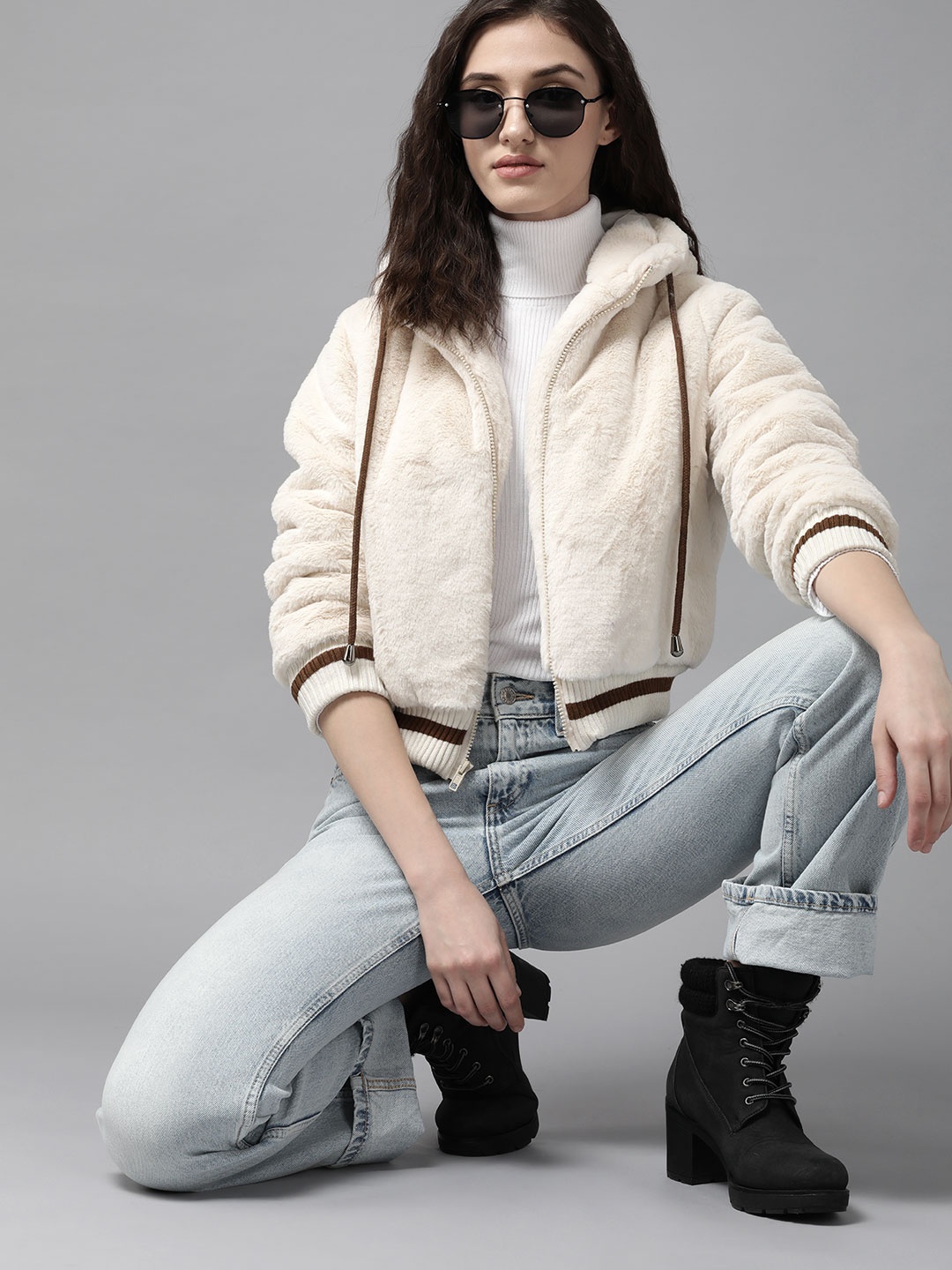 

The Roadster Lifestyle Co. Women Off White Faux Fur Hooded Bomber Jacket