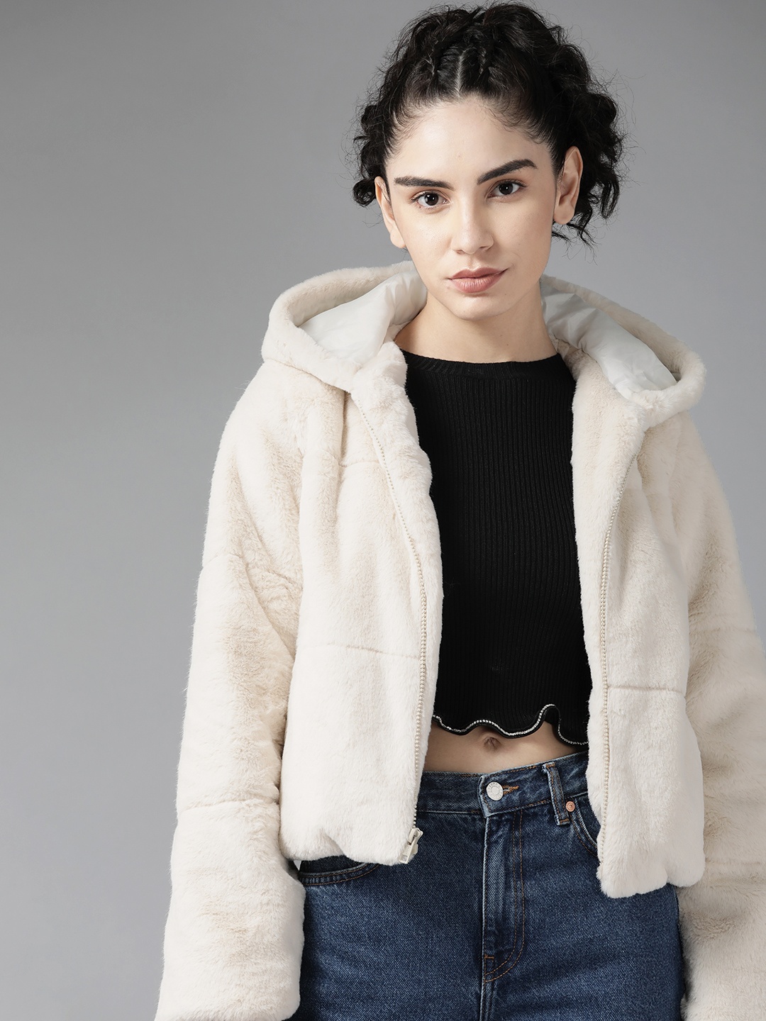 

Roadster Women Off White Solid Faux Fur Hooded Sherpa Jacket