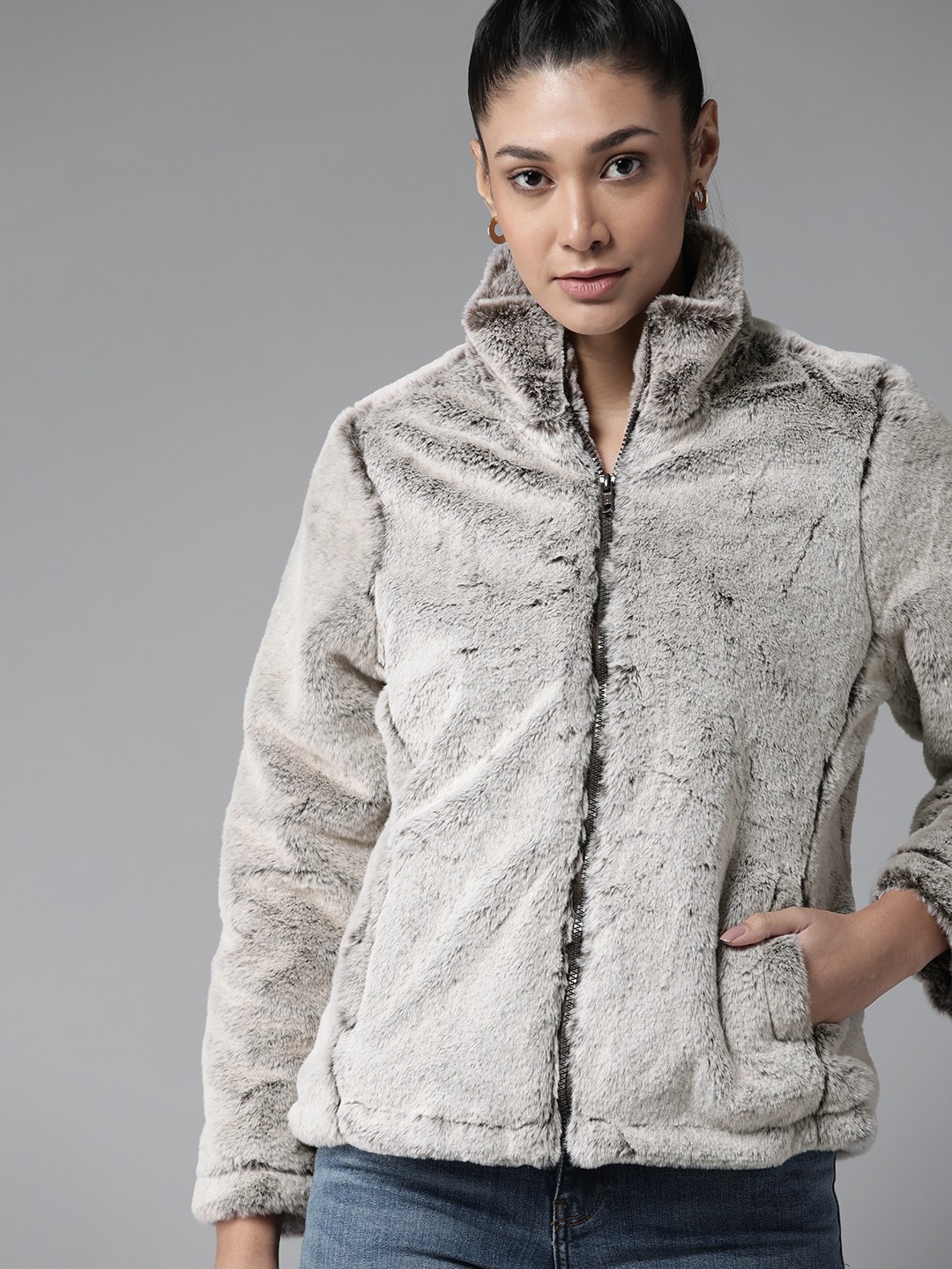 

Roadster Women Taupe Solid Sherpa Jacket